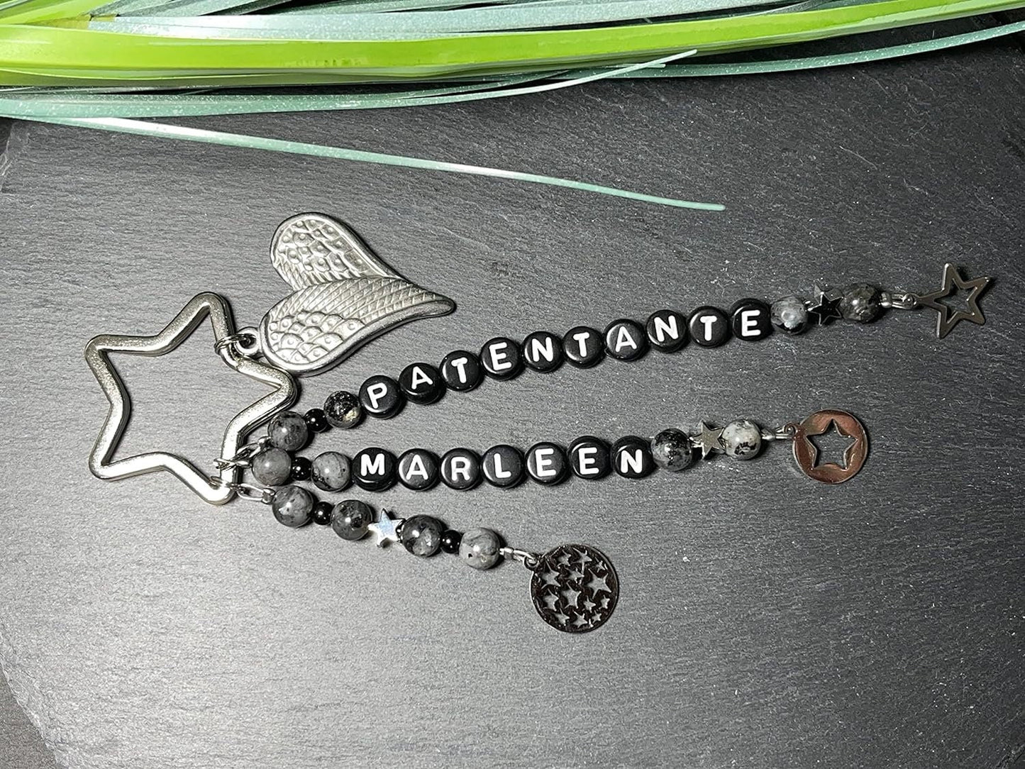 Schlüsselanhänger Patentante und Name Labradorit - Geschenk Frage Patenschaft Andenken Taufe Taufgeschenk - Edelsteine wählbar anpassbar