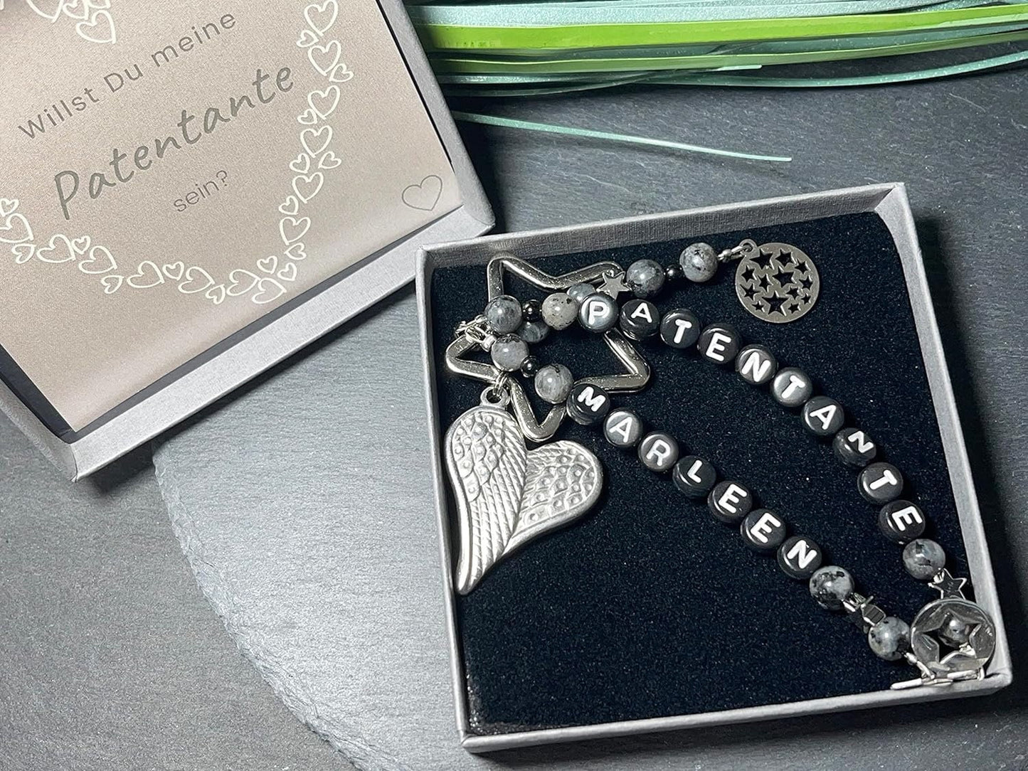 Schlüsselanhänger Patentante und Name Labradorit - Geschenk Frage Patenschaft Andenken Taufe Taufgeschenk - Edelsteine wählbar anpassbar