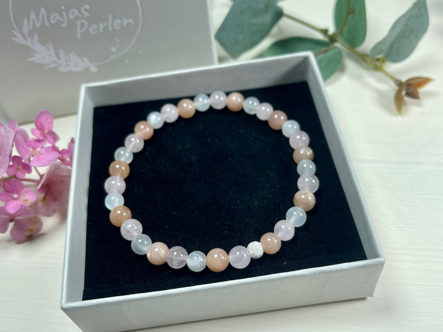 Armband Herzenswärme Rosenquarz Mondstein Sonnenstein echt 6mm mit 925er Sterling Silber Gold Roségold 5mm facettiert - Handmade