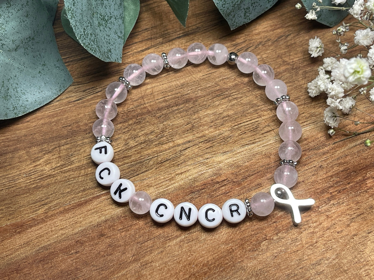 Armband Fuck Cancer Rosenquarz echte Naturperlen Krebsschleife - Geschenk Aufmunterung Genesung Talisman - Glücksbringer Krebs Diagnose
