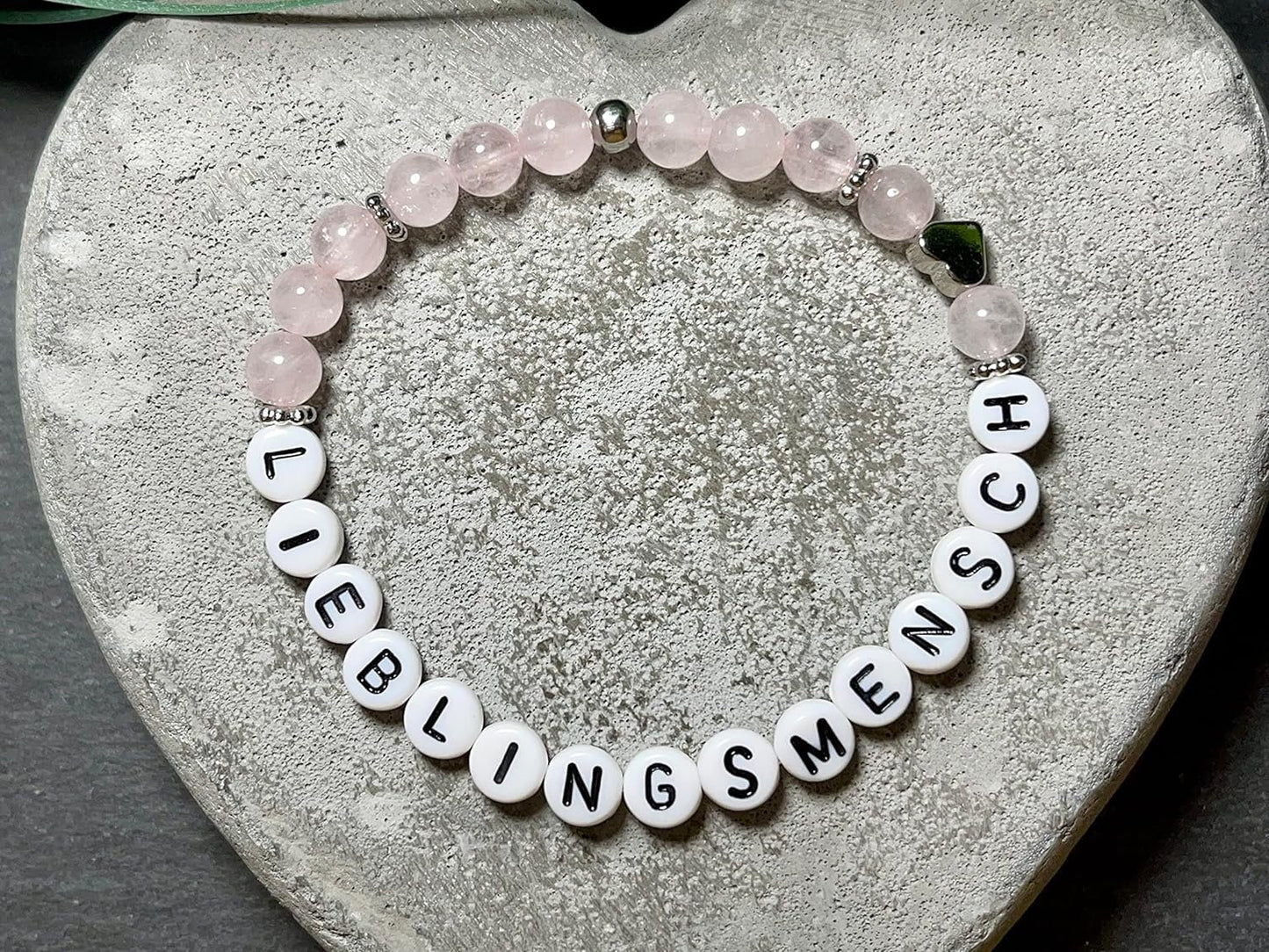 Armband Rosenquarz Lieblingsmensch - Herz echt platiniert - Geschenk Lieblingsmensch Liebe - Perlenarmband mit Namen - viele Edelsteine