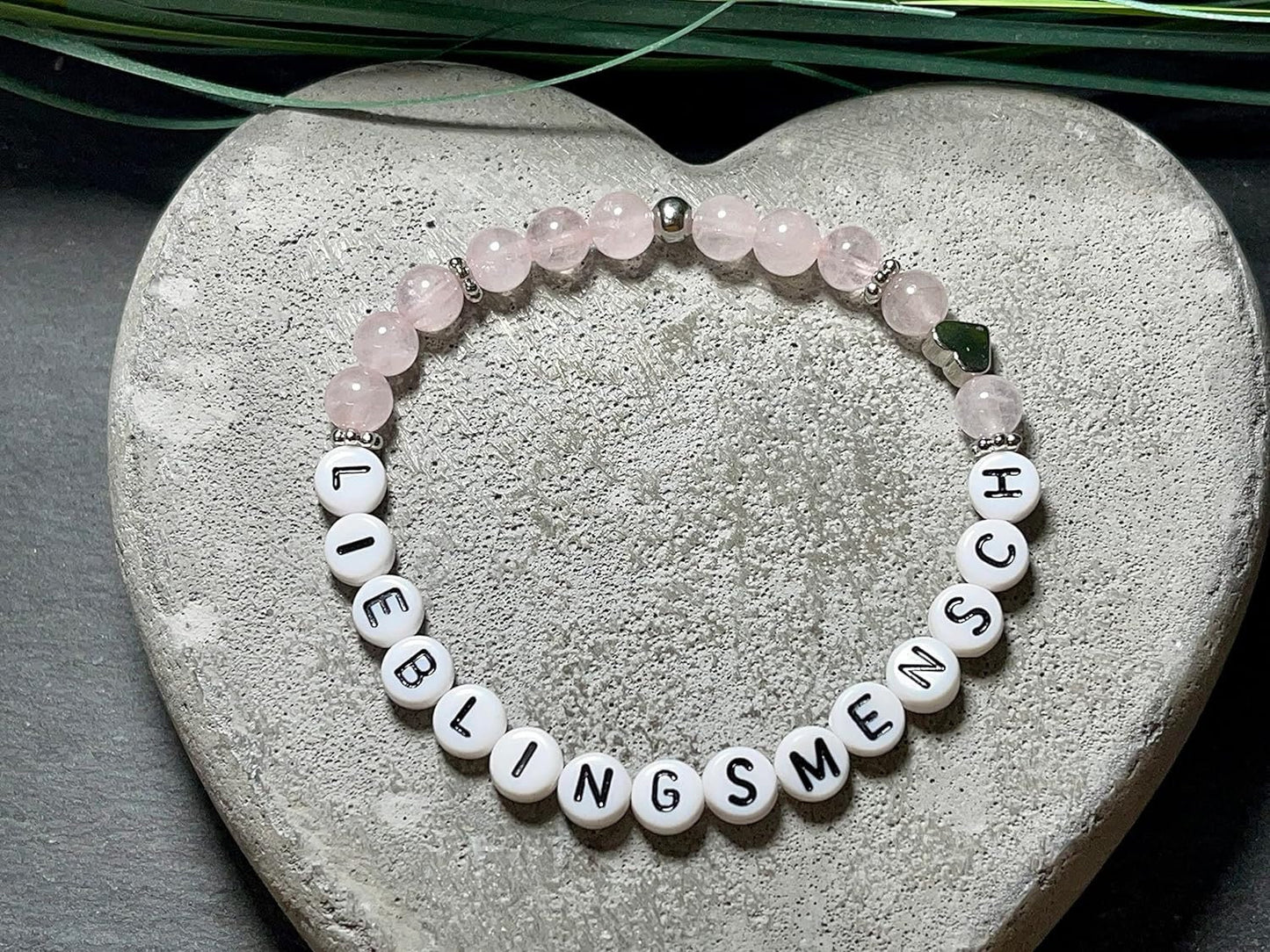Armband Rosenquarz Lieblingsmensch - Herz echt platiniert - Geschenk Lieblingsmensch Liebe - Perlenarmband mit Namen - viele Edelsteine