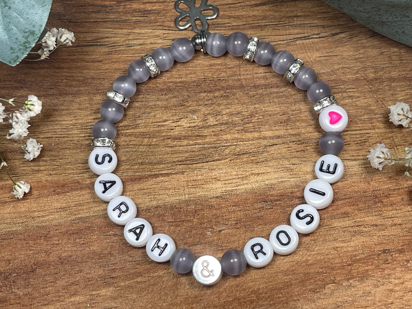 Perlenarmband Namensarmband Cateyeperlen Flieder Strassrondelle Kristall - Geschenk Mädchen Mama Liebe - personalisierbar Kinderarmband