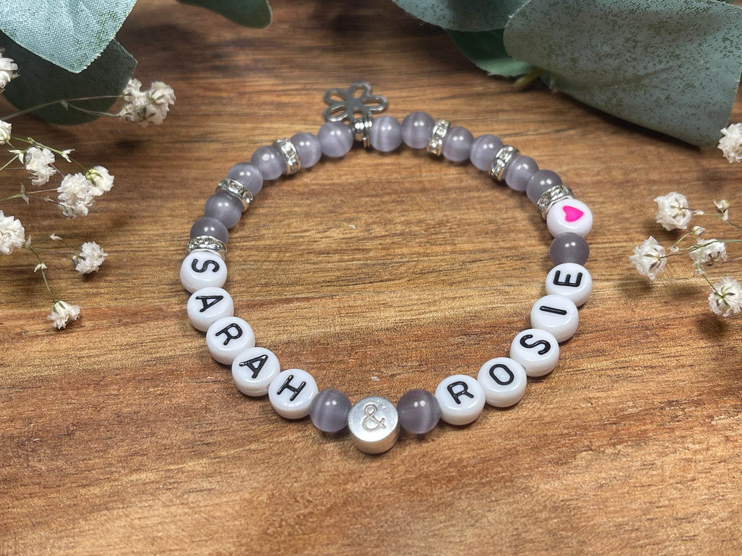 Perlenarmband Namensarmband Cateyeperlen Flieder Strassrondelle Kristall - Geschenk Mädchen Mama Liebe - personalisierbar Kinderarmband