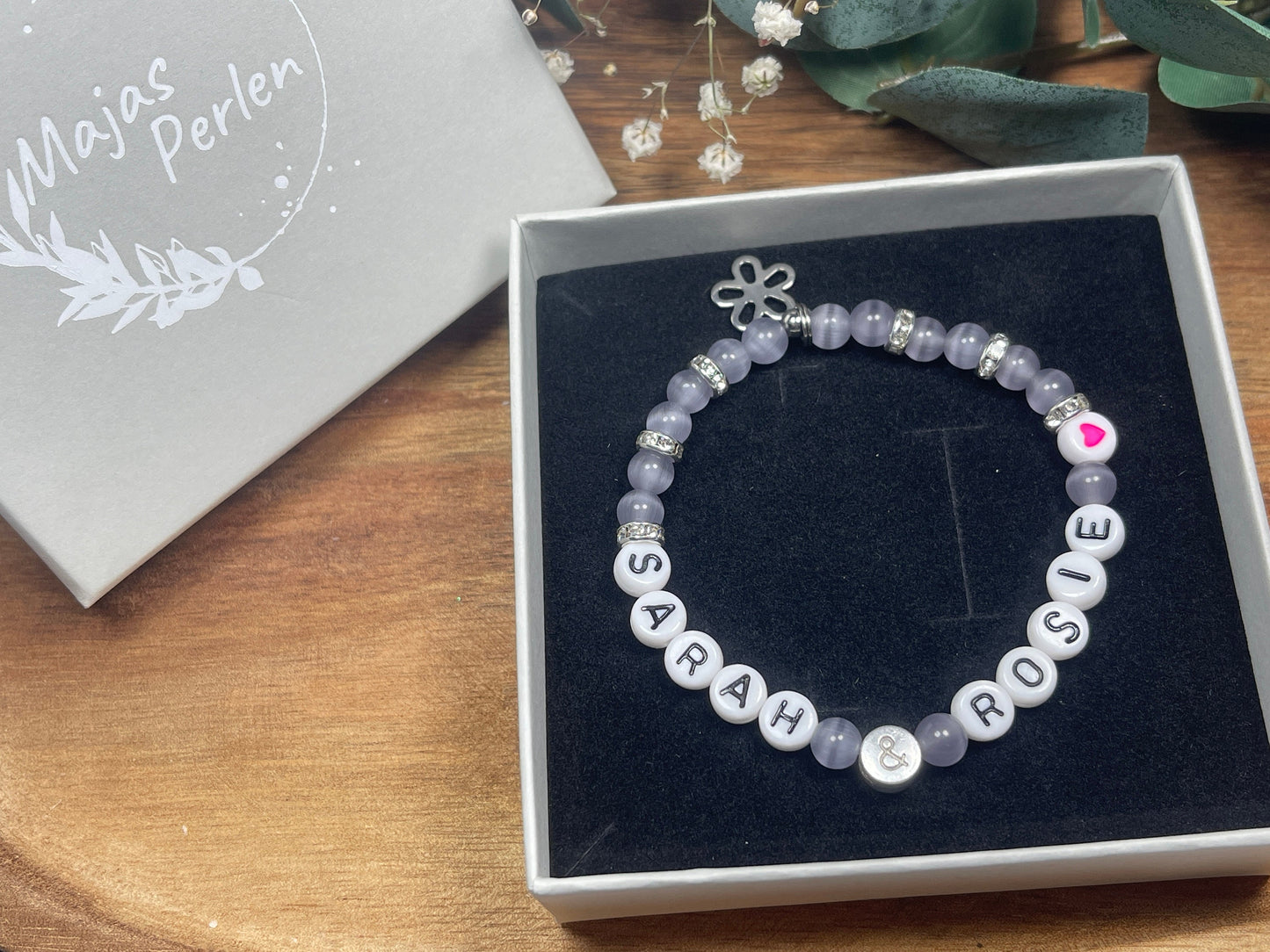 Perlenarmband Namensarmband Cateyeperlen Flieder Strassrondelle Kristall - Geschenk Mädchen Mama Liebe - personalisierbar Kinderarmband