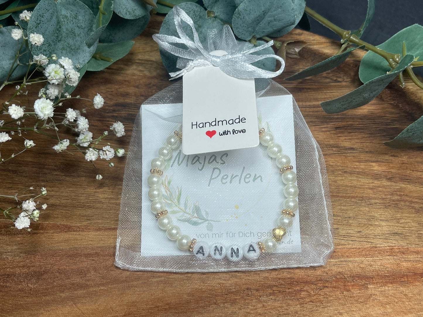 Perlenarmband mit Namen - hochwertig gewachste Glasperlen Perlmuttimitat - Geschenk Mama Lieblingsmensch Mädchen Kinder - personalisierbar