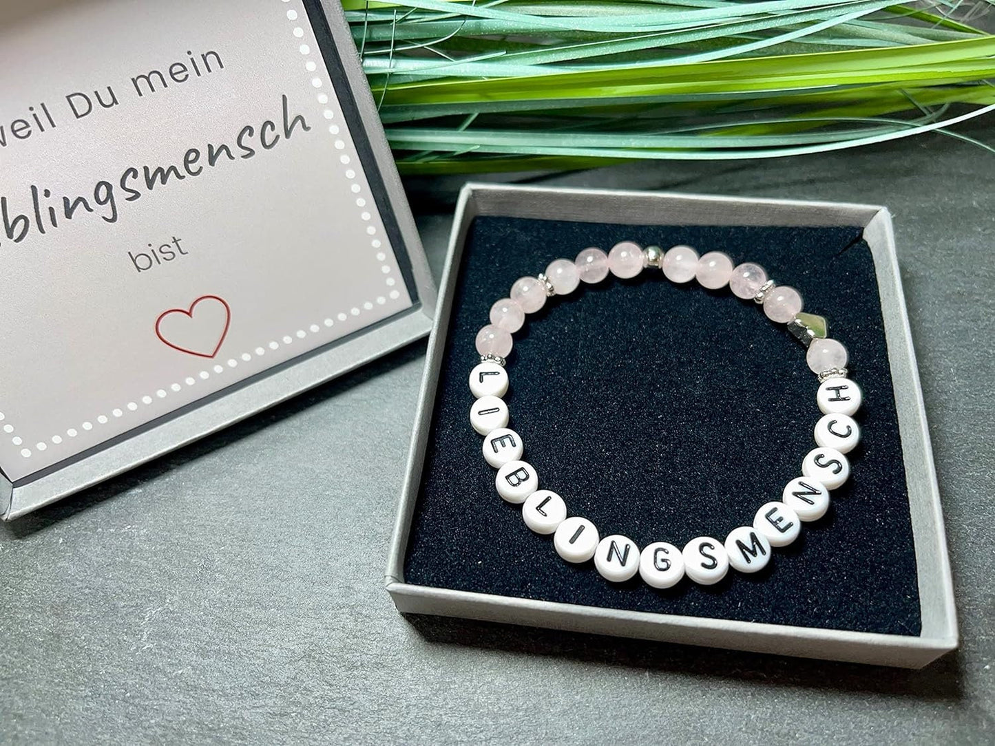 Armband Rosenquarz Lieblingsmensch - Herz echt platiniert - Geschenk Lieblingsmensch Liebe - Perlenarmband mit Namen - viele Edelsteine