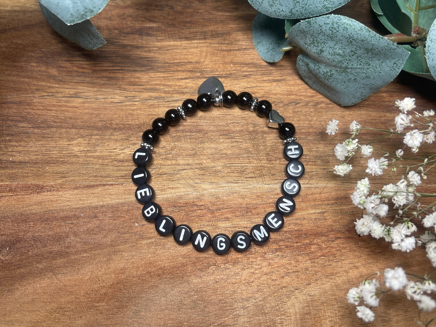 Armband Achat Schwarz liebster Mensch - Herz echt platiniert - Geschenk Lieblingsmensch Liebe - Perlenarmband mit Namen - viele Edelsteine