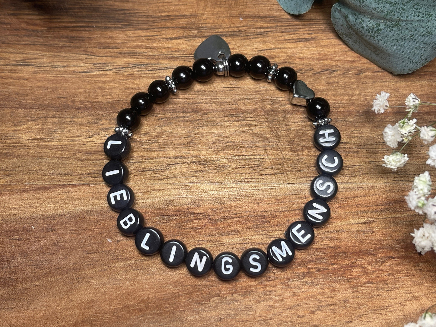 Armband Achat Schwarz liebster Mensch - Herz echt platiniert - Geschenk Lieblingsmensch Liebe - Perlenarmband mit Namen - viele Edelsteine