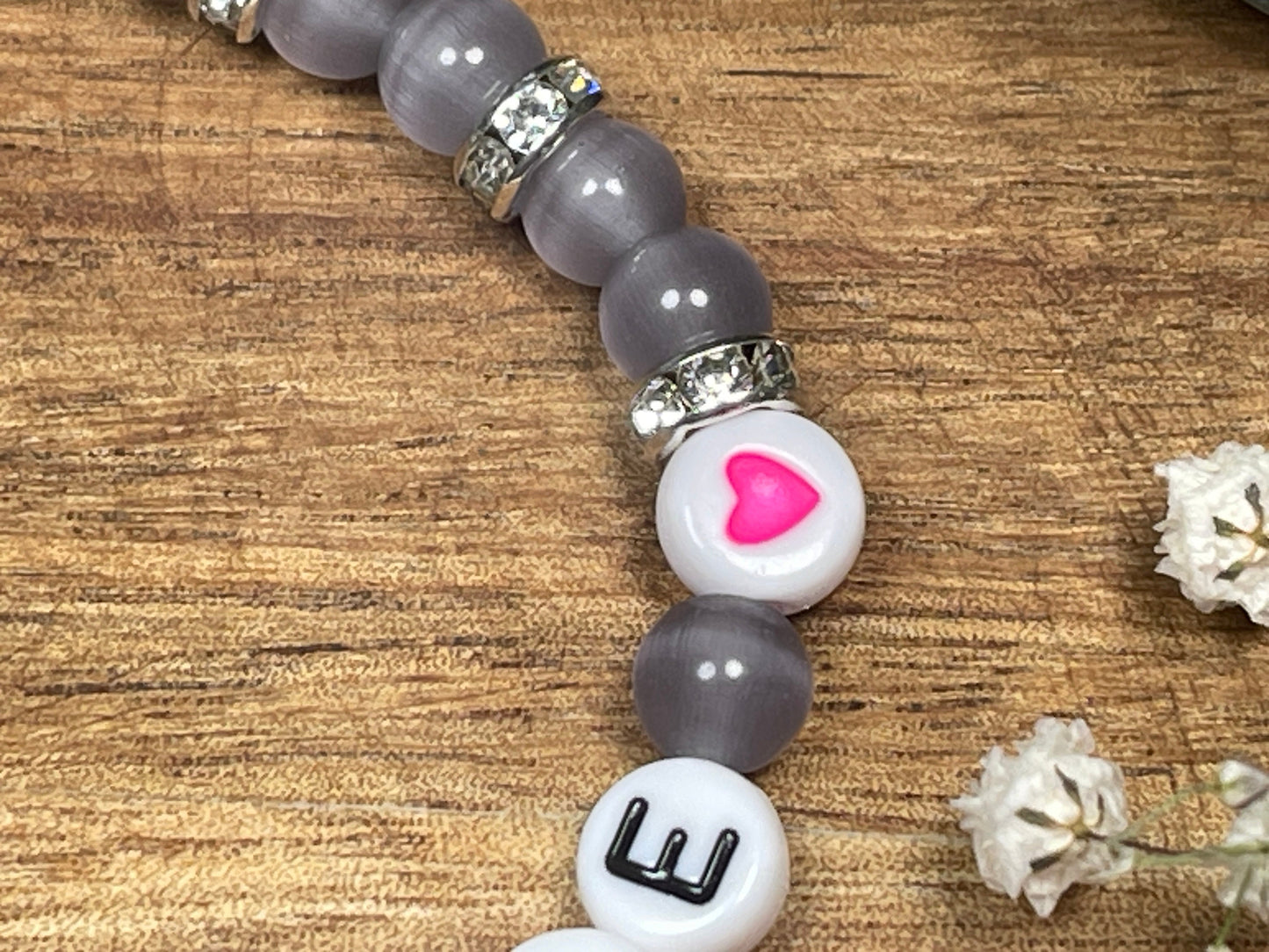 Perlenarmband Namensarmband Cateyeperlen Flieder Strassrondelle Kristall - Geschenk Mädchen Mama Liebe - personalisierbar Kinderarmband