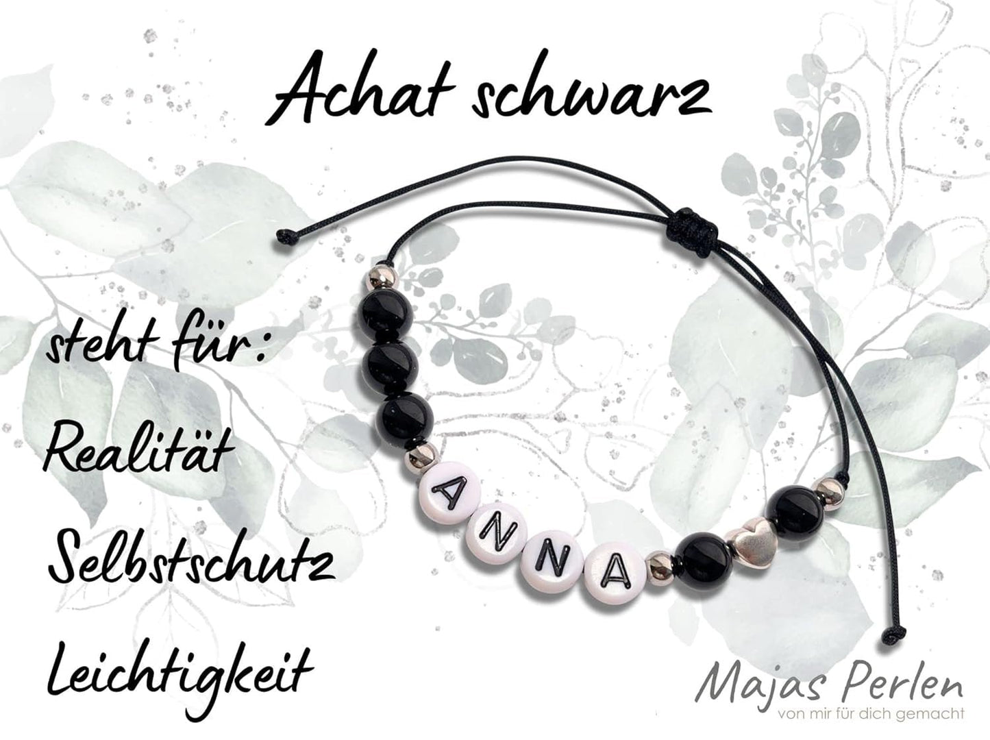 Majas Perlen Armband mit Namen Onyx schwarzer Achat Herz DQ - alle Größen einstellbar XS bis XXL - echte Edelsteine und Edelstahl - Unisex