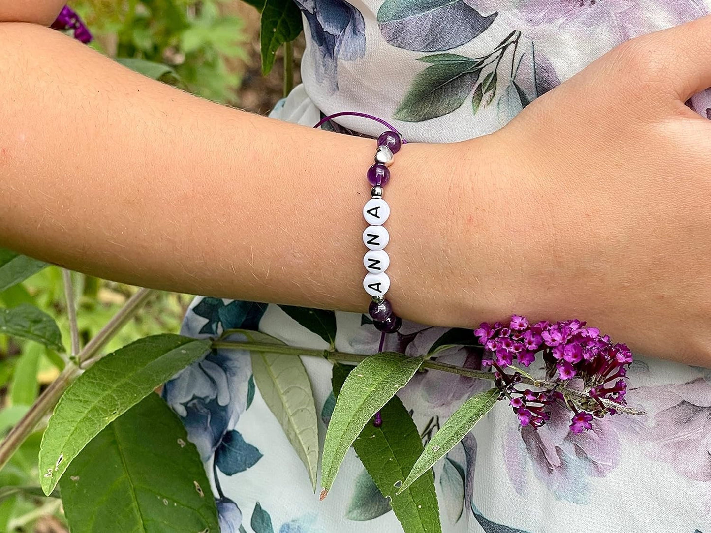 Majas Perlen Armband mit Namen Amethyst Herz DQ - alle Größen einstellbar XS bis XXL - echte Edelsteine und Edelstahl - Unisex