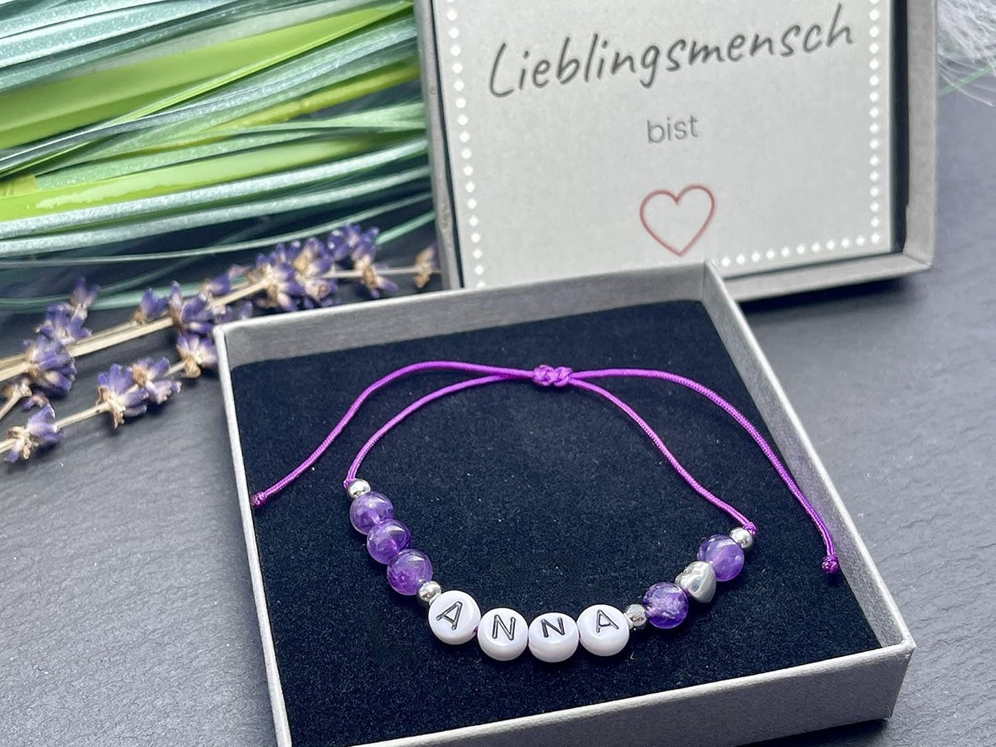 Majas Perlen Armband mit Namen Amethyst Herz DQ - alle Größen einstellbar XS bis XXL - echte Edelsteine und Edelstahl - Unisex