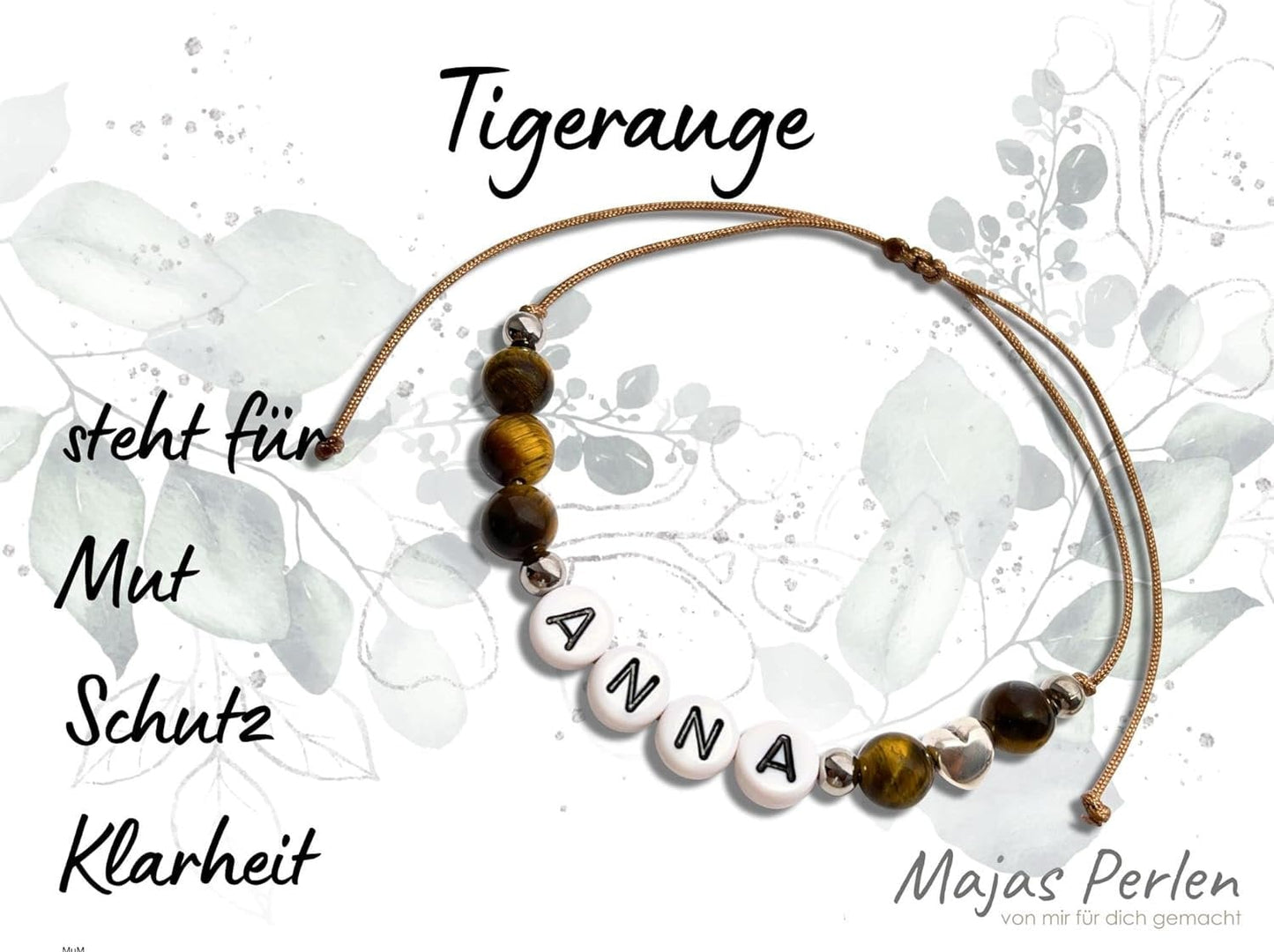 Majas Perlen Armband mit Namen Tigerauge Herz DQ - alle Größen einstellbar XS bis XXL - echte Edelsteine und Edelstahl - Unisex