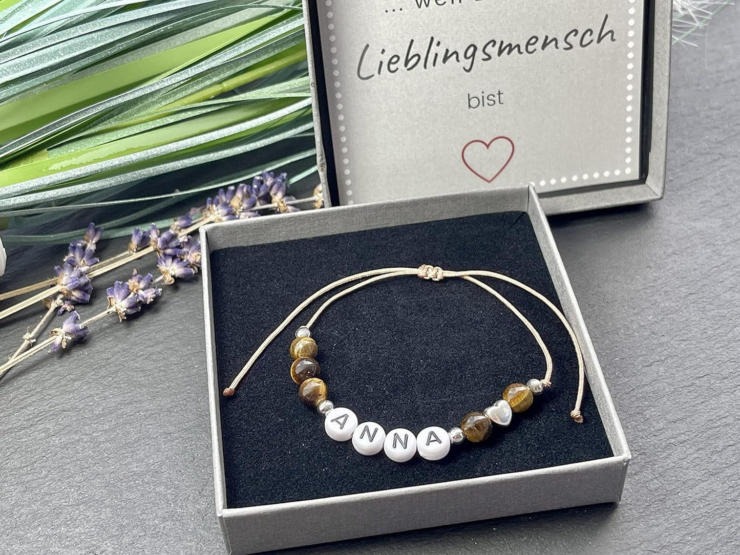 Majas Perlen Armband mit Namen Tigerauge Herz DQ - alle Größen einstellbar XS bis XXL - echte Edelsteine und Edelstahl - Unisex