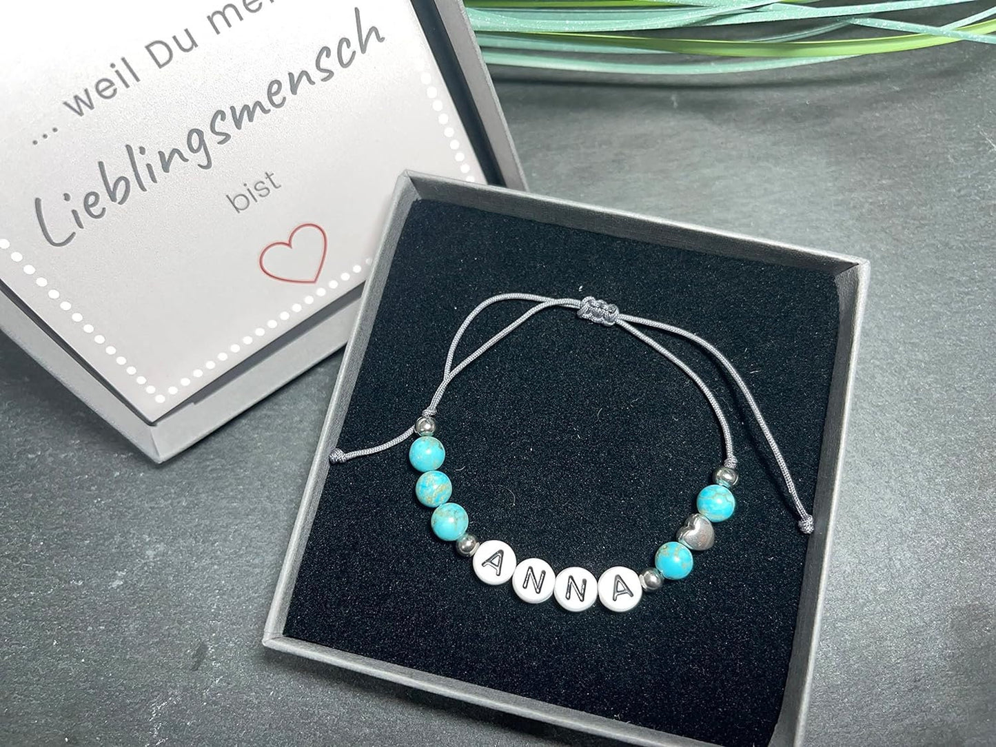 Majas Perlen Armband mit Namen Türkis Herz DQ - alle Größen einstellbar XS bis XXL - echte Edelsteine und Edelstahl - Unisex