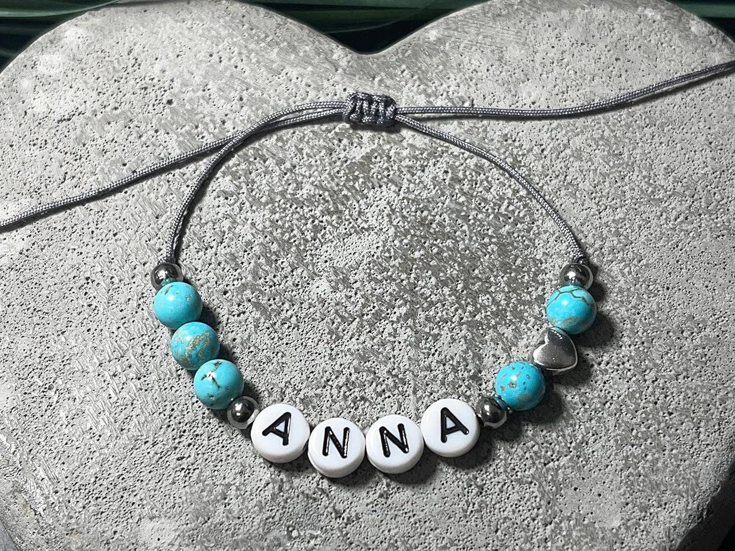 Majas Perlen Armband mit Namen Türkis Herz DQ - alle Größen einstellbar XS bis XXL - echte Edelsteine und Edelstahl - Unisex