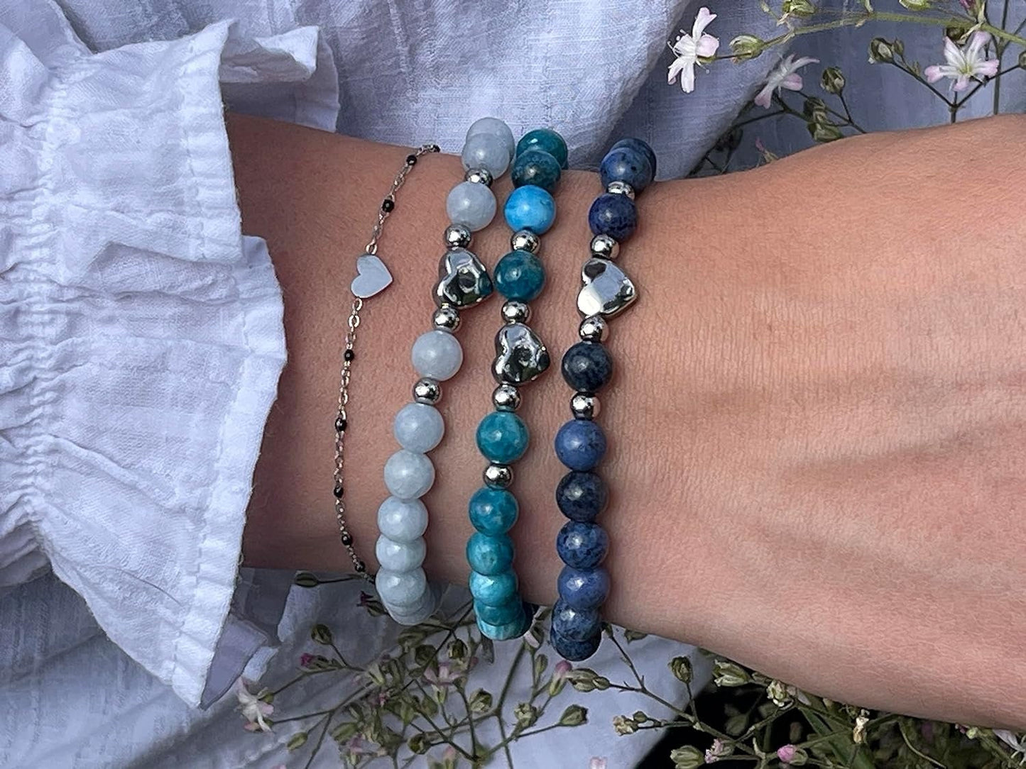 Armband Dumortierit Herz Edelstahl Silber - Perlenarmband Mut Geduld Zuversicht - Spiritueller Schmuck Damen Mädchen