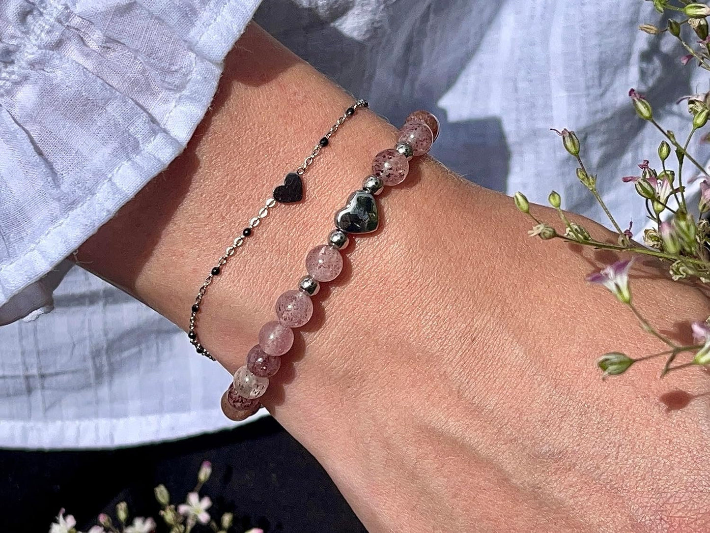 Armband Erdbeerquarz Herz Edelstahl Silber - Perlenarmband Konzentration Lebensfreude Humor - Spiritueller Schmuck Damen Mädchen