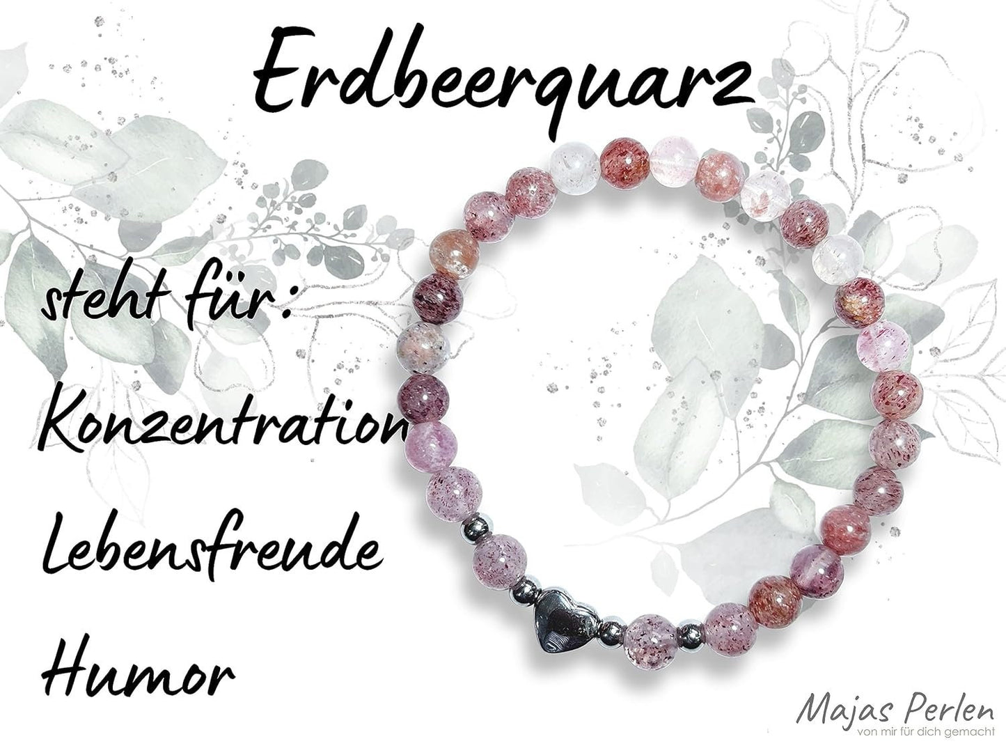 Armband Erdbeerquarz Herz Edelstahl Silber - Perlenarmband Konzentration Lebensfreude Humor - Spiritueller Schmuck Damen Mädchen