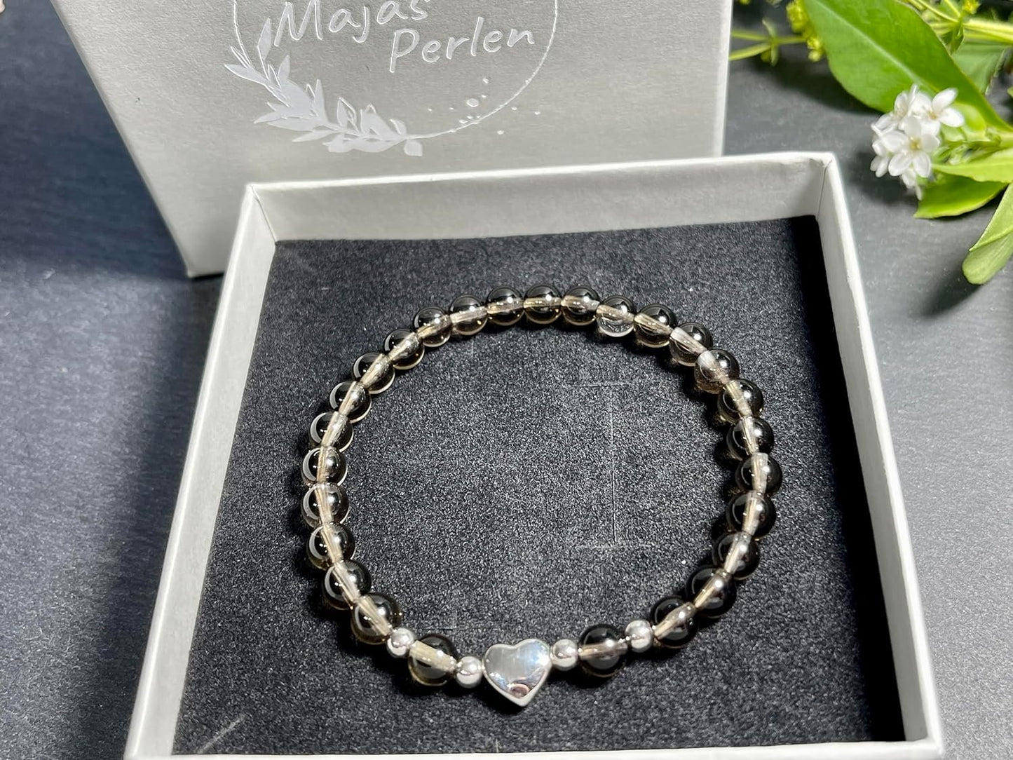 Armband Rauchquarz Herz Edelstahl Silber - Perlenarmband Kraft Lebensfreude positive Gedanken - Spiritueller Schmuck Damen Mädchen
