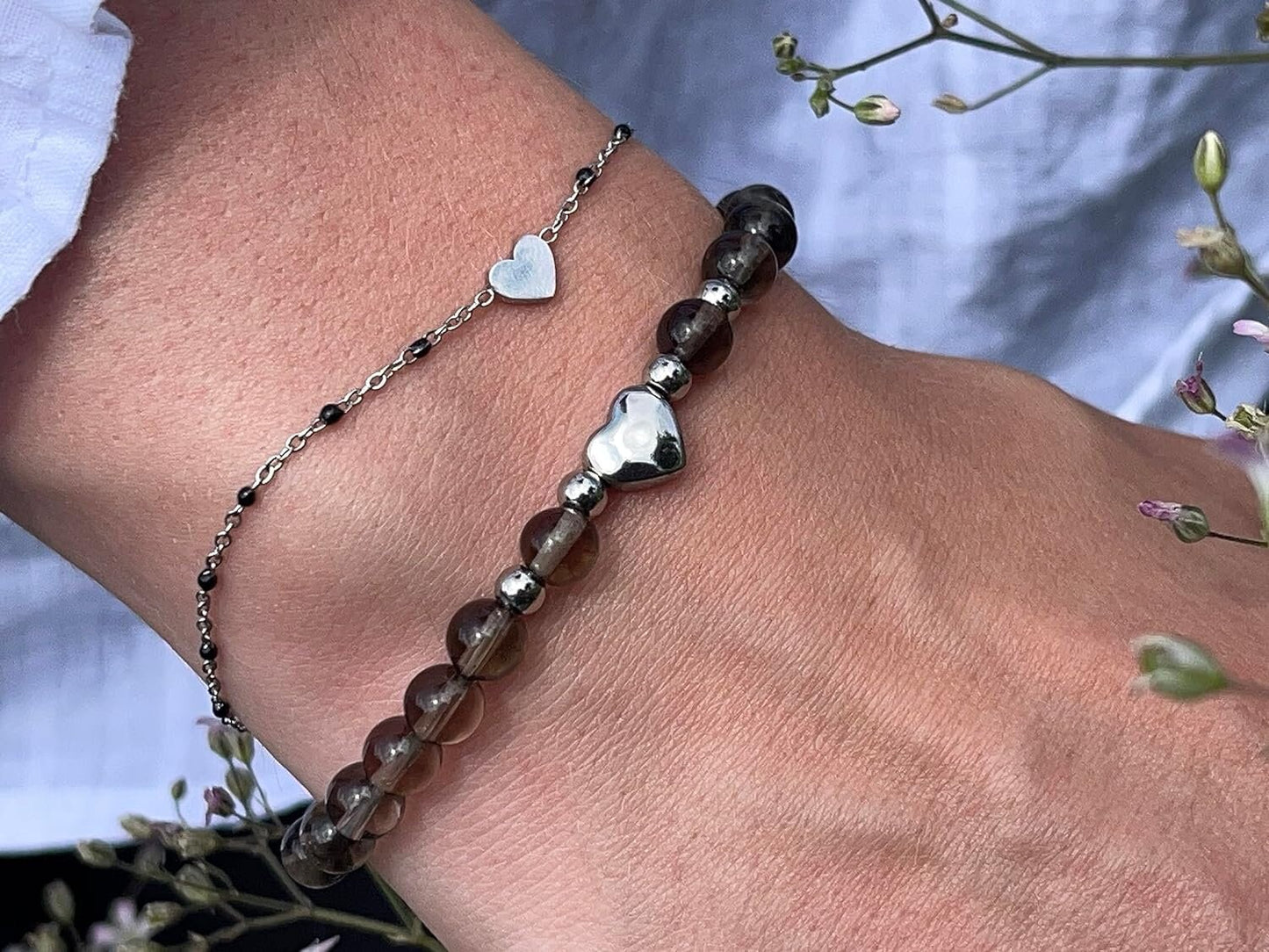 Armband Rauchquarz Herz Edelstahl Silber - Perlenarmband Kraft Lebensfreude positive Gedanken - Spiritueller Schmuck Damen Mädchen