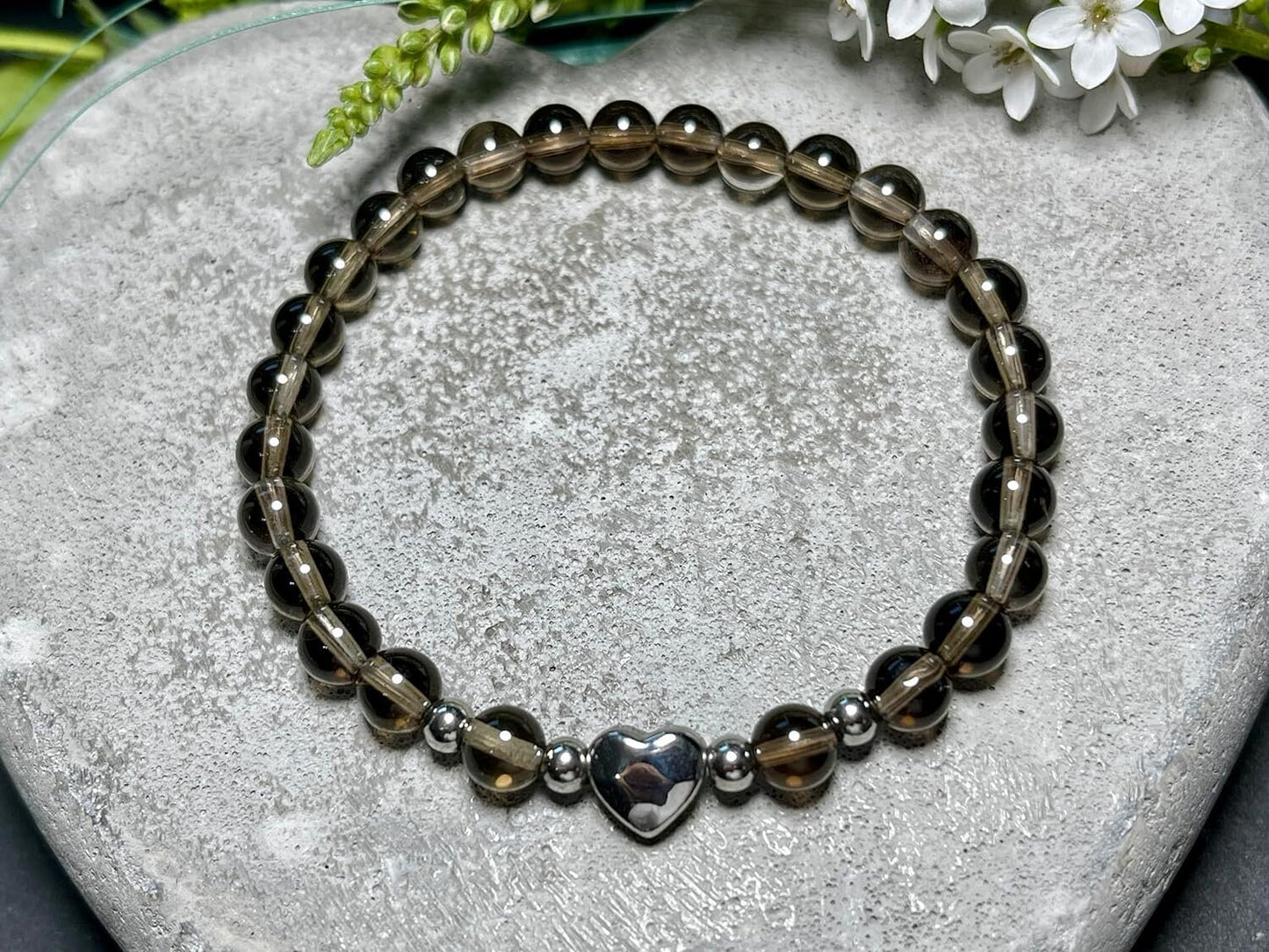 Armband Rauchquarz Herz Edelstahl Silber - Perlenarmband Kraft Lebensfreude positive Gedanken - Spiritueller Schmuck Damen Mädchen