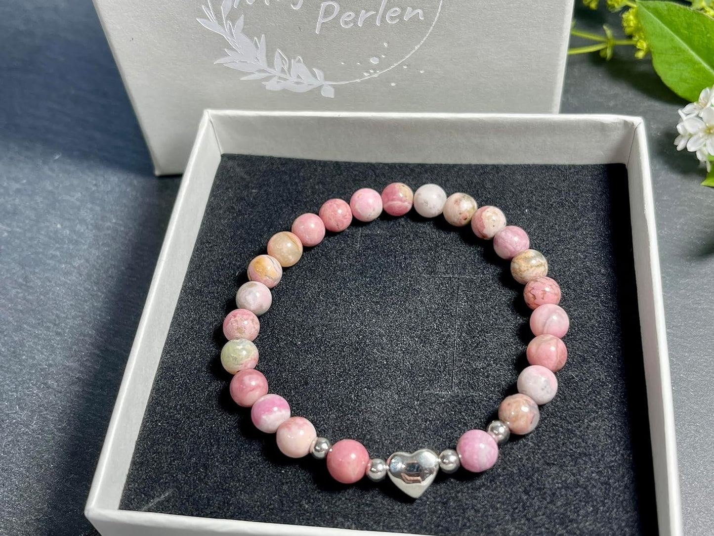 Armband Rhodonit Herz Edelstahl Silber - Perlenarmband Verzeihen Begeisterung Optimismus - Spiritueller Schmuck Damen Mädchen