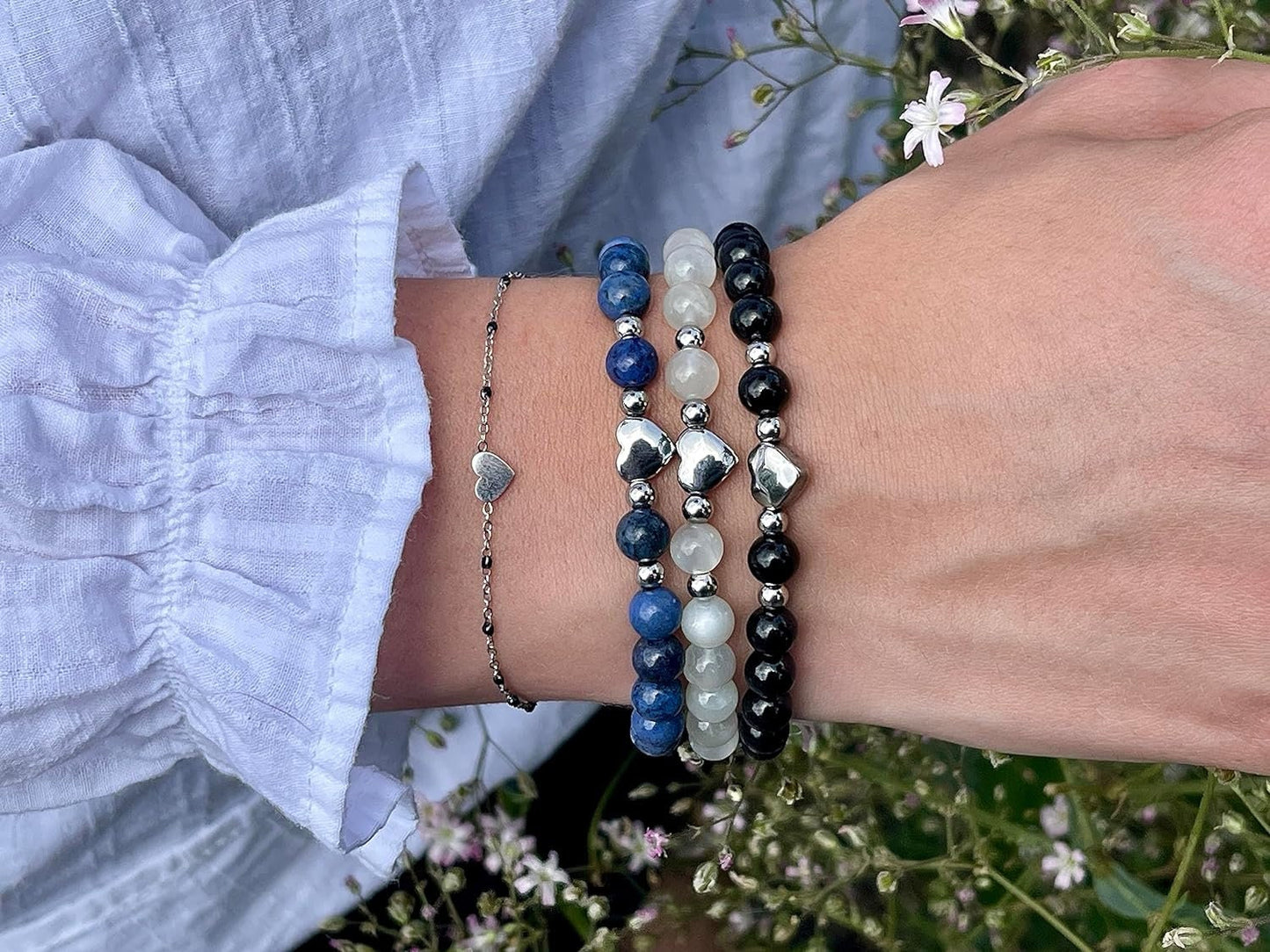 Armband Turmalin Herz Edelstahl Silber - Perlenarmband stärkster Schutzstein Kraft Stärke - Spiritueller Schmuck Damen Mädchen