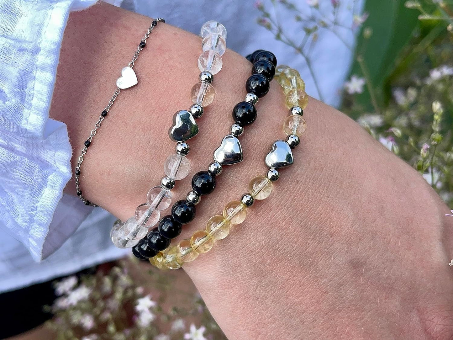 Armband Turmalin Herz Edelstahl Silber - Perlenarmband stärkster Schutzstein Kraft Stärke - Spiritueller Schmuck Damen Mädchen