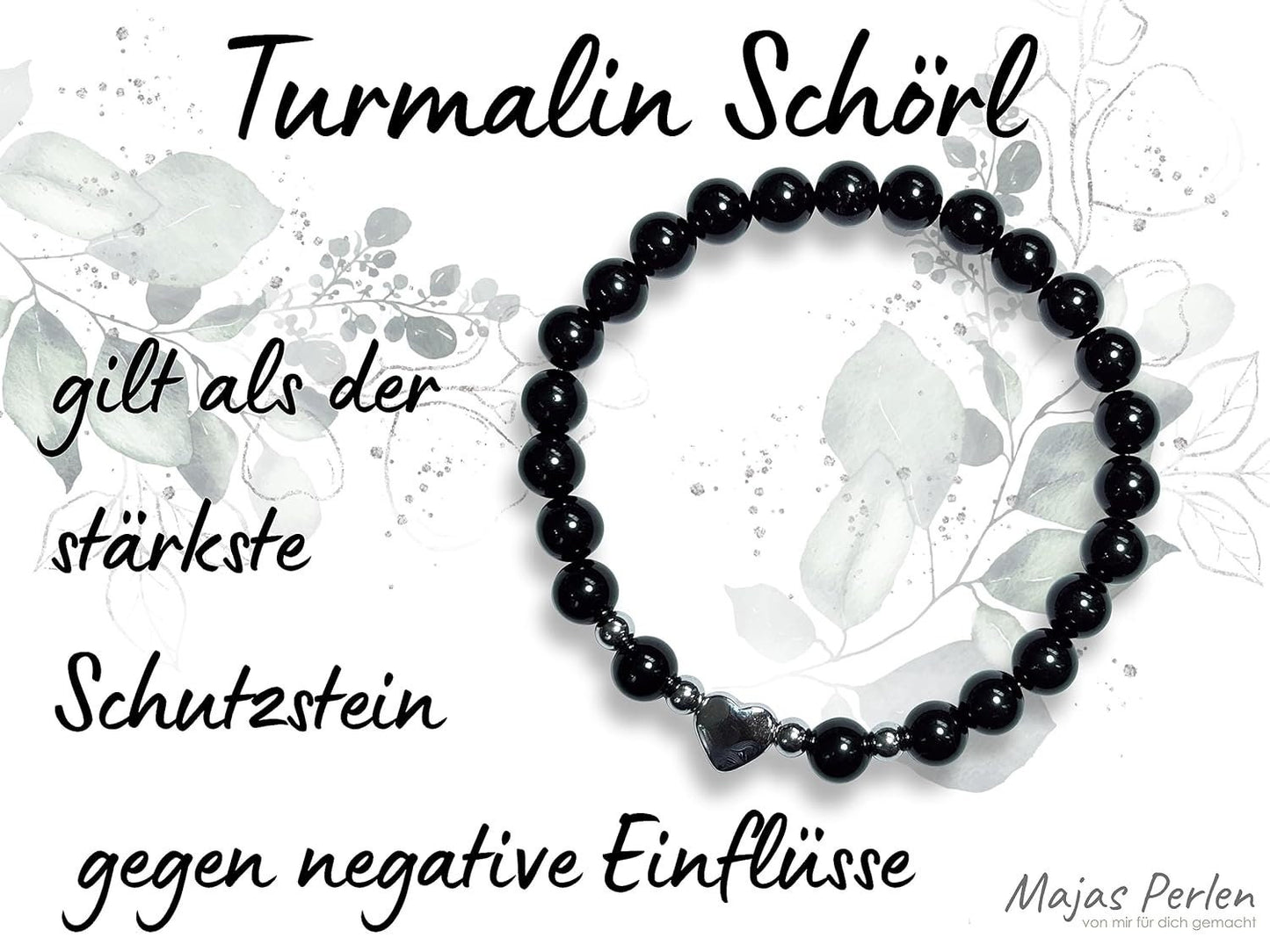 Armband Turmalin Herz Edelstahl Silber - Perlenarmband stärkster Schutzstein Kraft Stärke - Spiritueller Schmuck Damen Mädchen