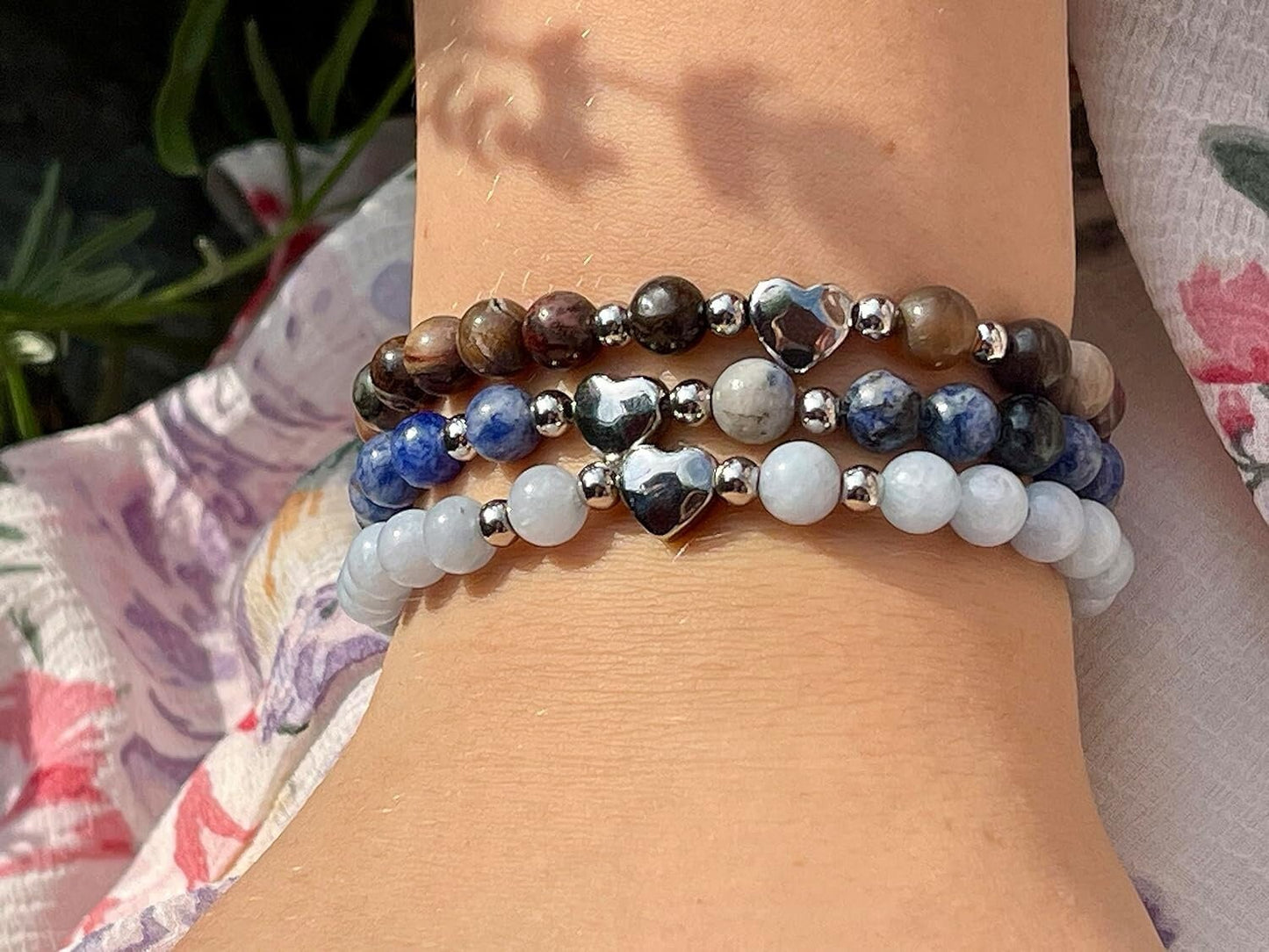 Armband Versteinertes Holz Herz Edelstahl Silber - Perlenarmband Kraft Lebensfreude Erdung Erholung - Spiritueller Schmuck Damen Mädchen