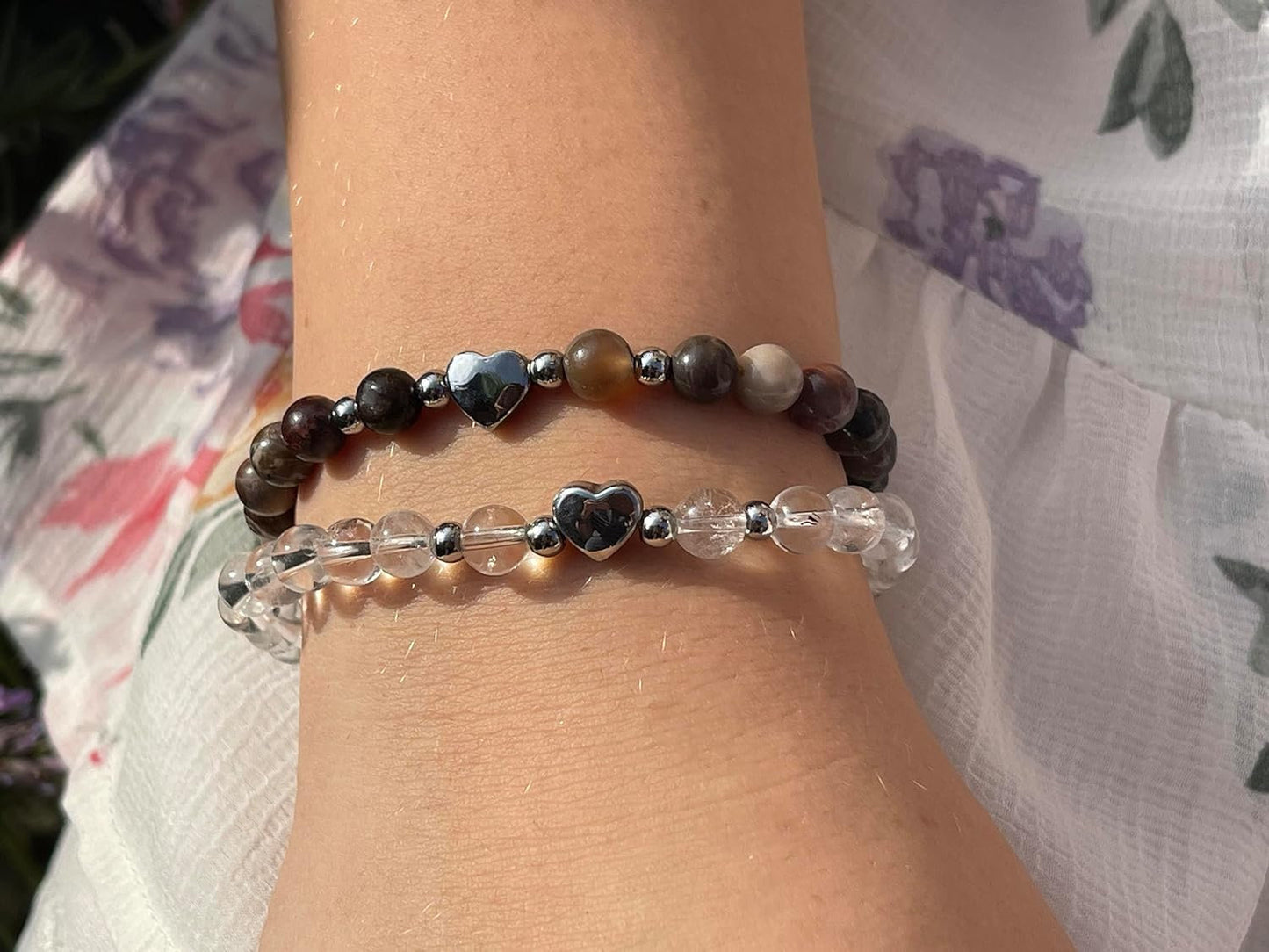 Armband Versteinertes Holz Herz Edelstahl Silber - Perlenarmband Kraft Lebensfreude Erdung Erholung - Spiritueller Schmuck Damen Mädchen