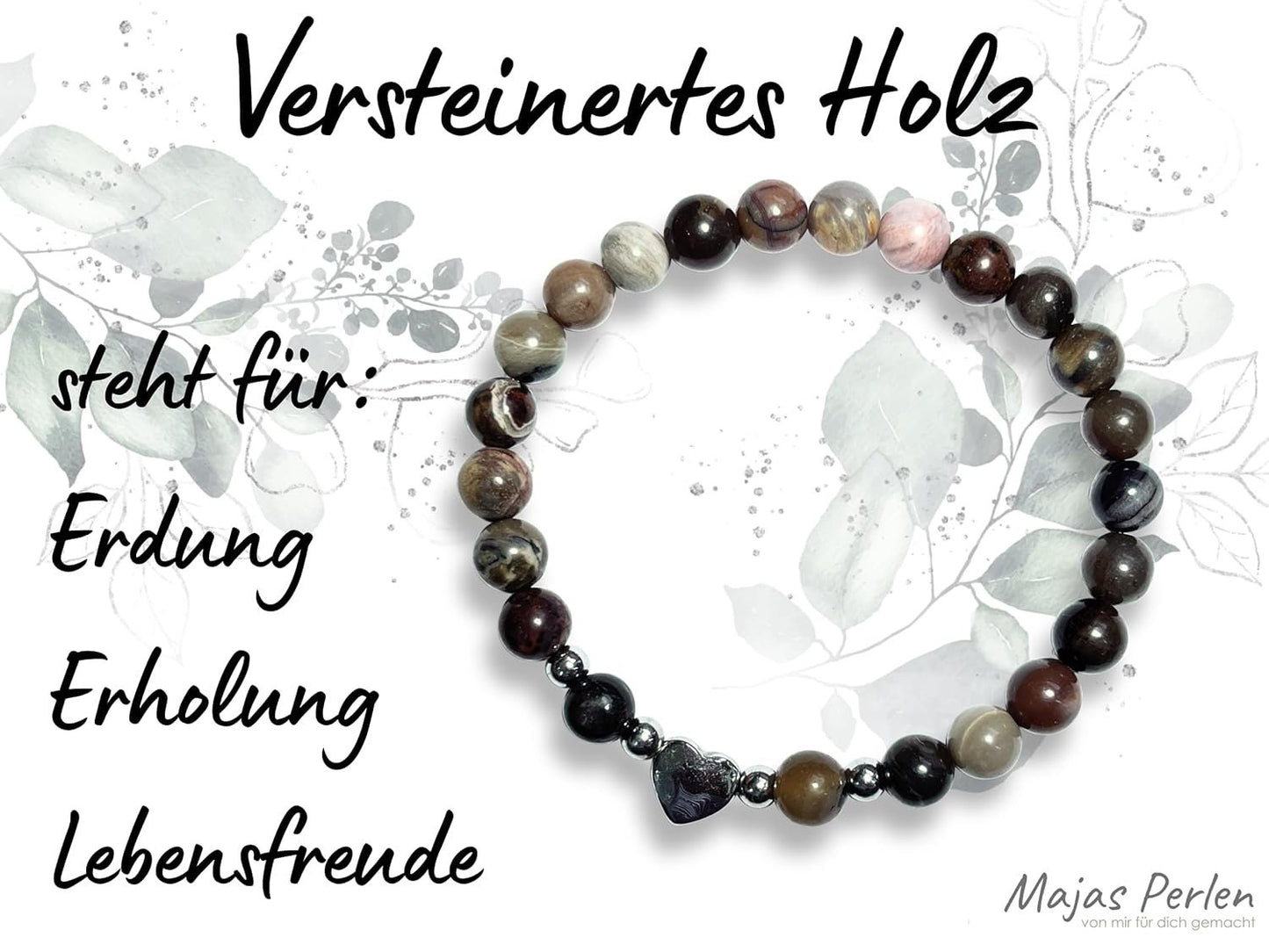 Armband Versteinertes Holz Herz Edelstahl Roségold - Perlenarmband Kraft Lebensfreude Erdung Erholung - Spiritueller Schmuck Damen Mädchen