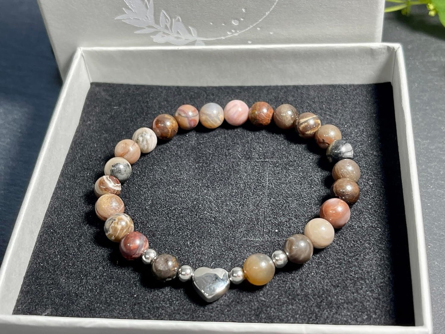 Armband Versteinertes Holz Herz Edelstahl Silber - Perlenarmband Kraft Lebensfreude Erdung Erholung - Spiritueller Schmuck Damen Mädchen