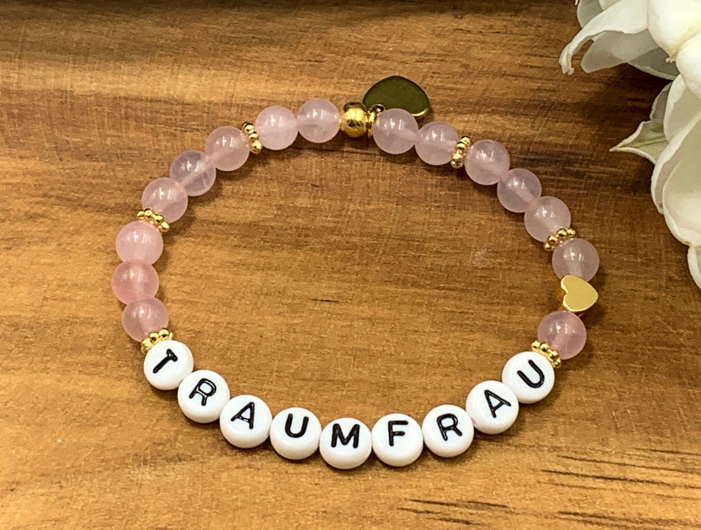 Perlenarmband Traumfrau Rosenquarz echt - Herz Vergoldet - Geschenk Liebe Glück Freundschaft Geburtstag Lieblingsmensch - Wunschedelstein
