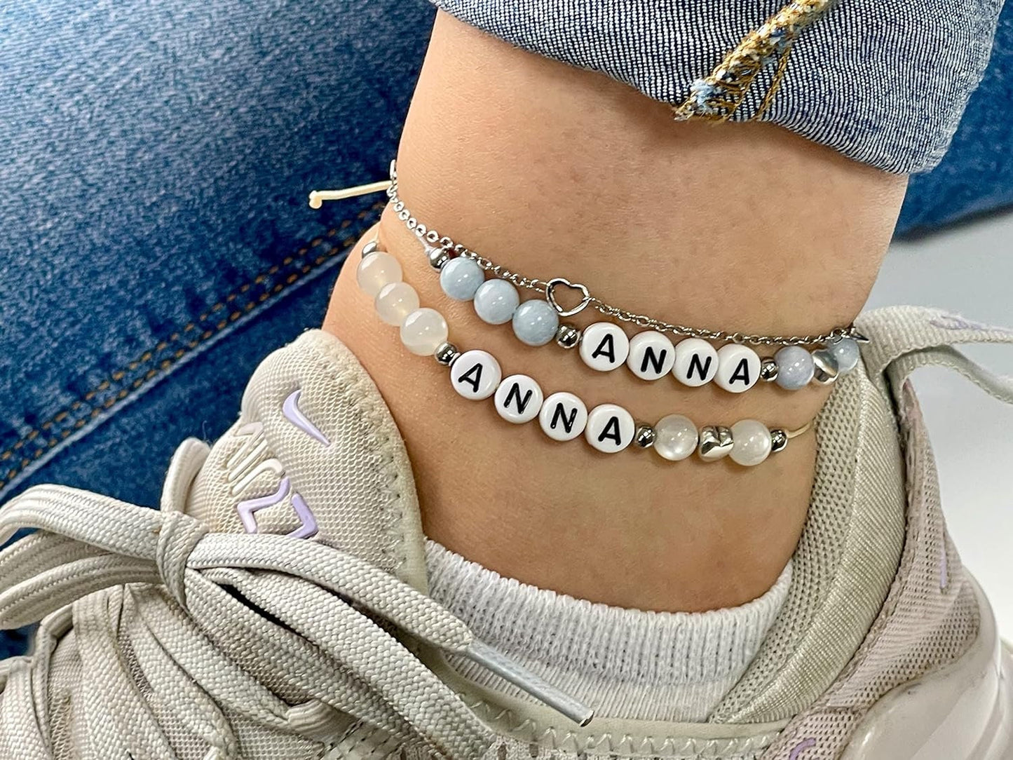 Majas Perlen Armband mit Namen Türkis Herz DQ - alle Größen einstellbar XS bis XXL - echte Edelsteine und Edelstahl - Unisex
