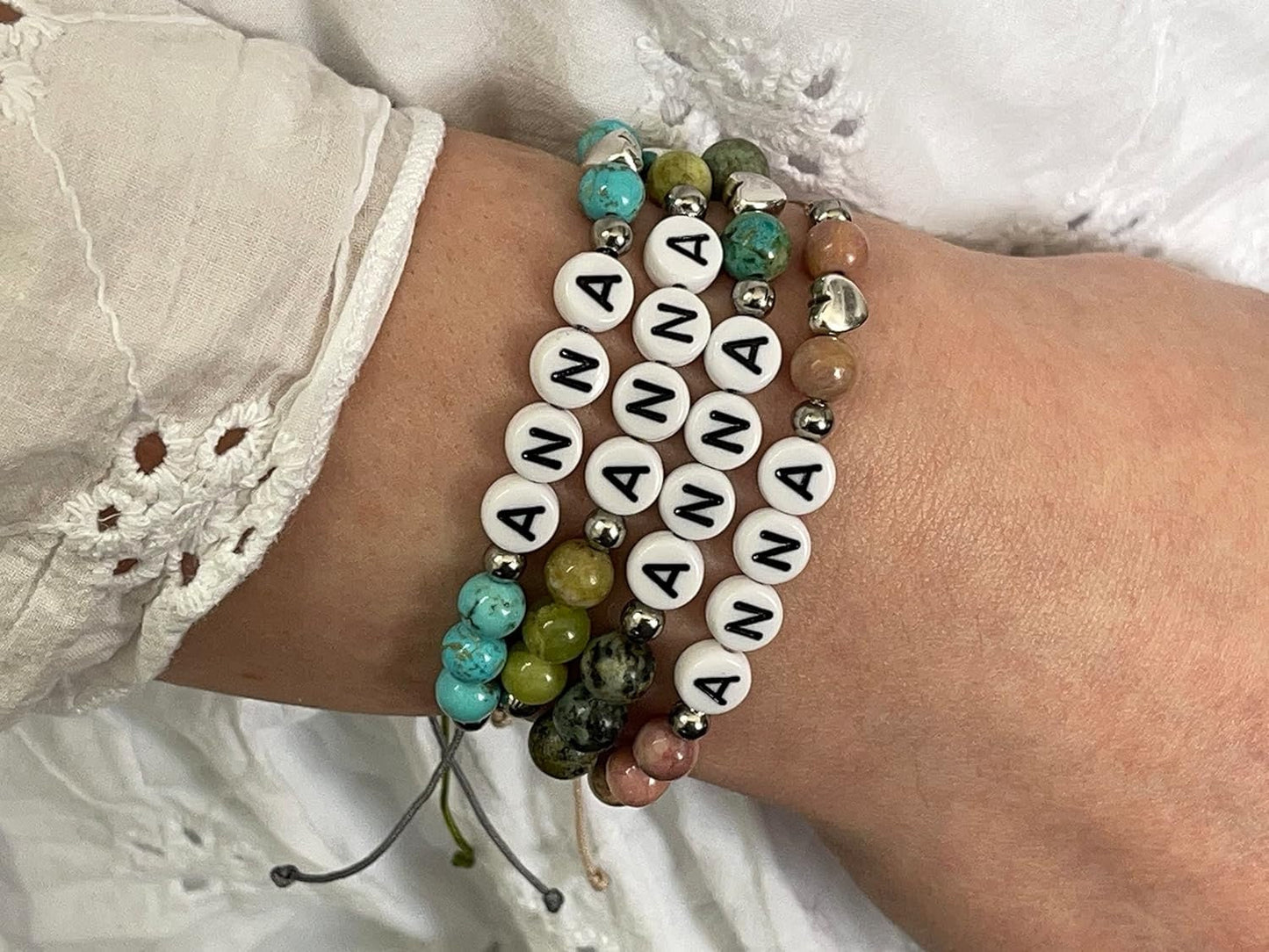 Majas Perlen Armband mit Namen Türkis Herz DQ - alle Größen einstellbar XS bis XXL - echte Edelsteine und Edelstahl - Unisex