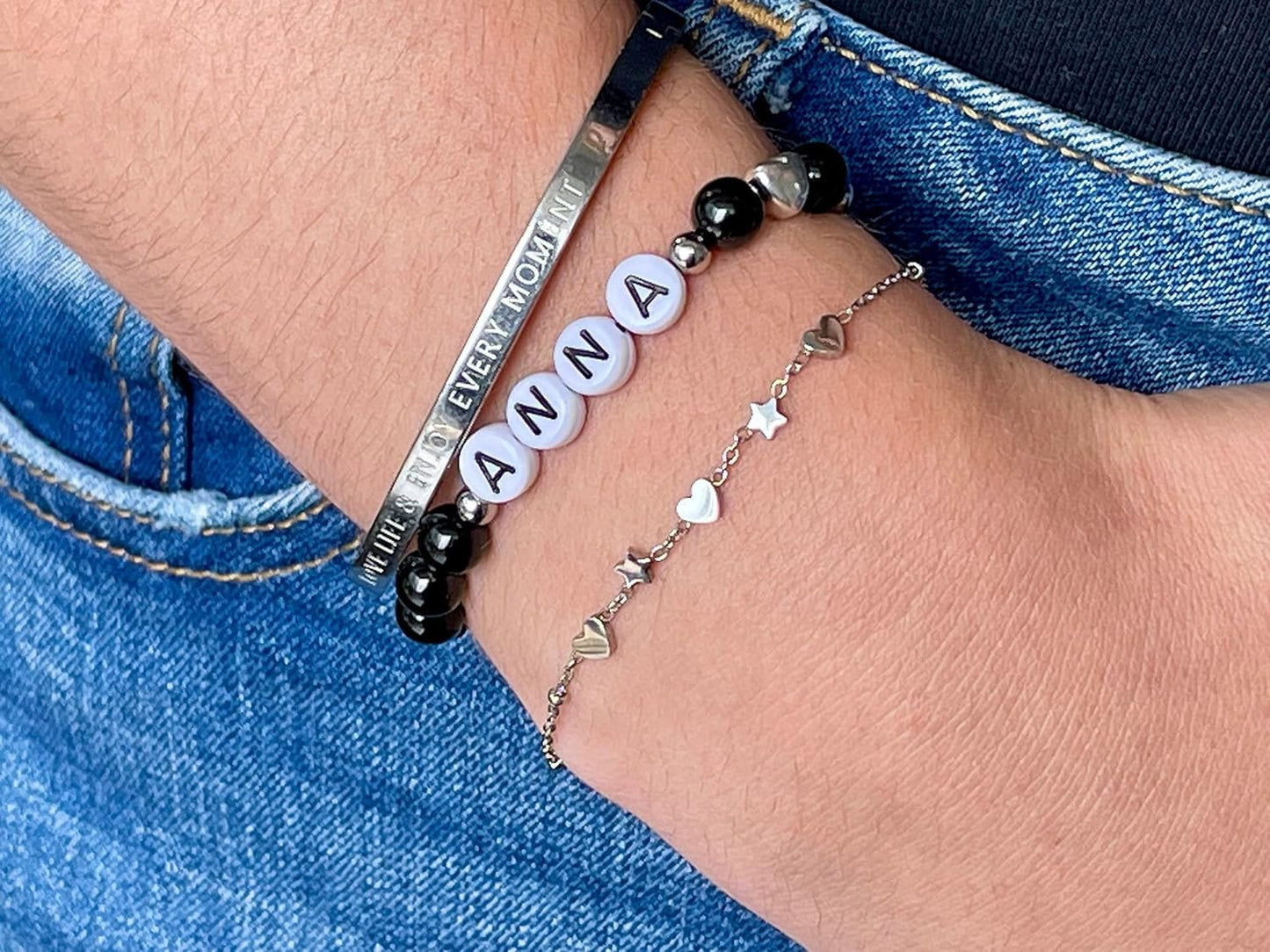 Majas Perlen Armband mit Namen Onyx schwarzer Achat Herz DQ - alle Größen einstellbar XS bis XXL - echte Edelsteine und Edelstahl - Unisex