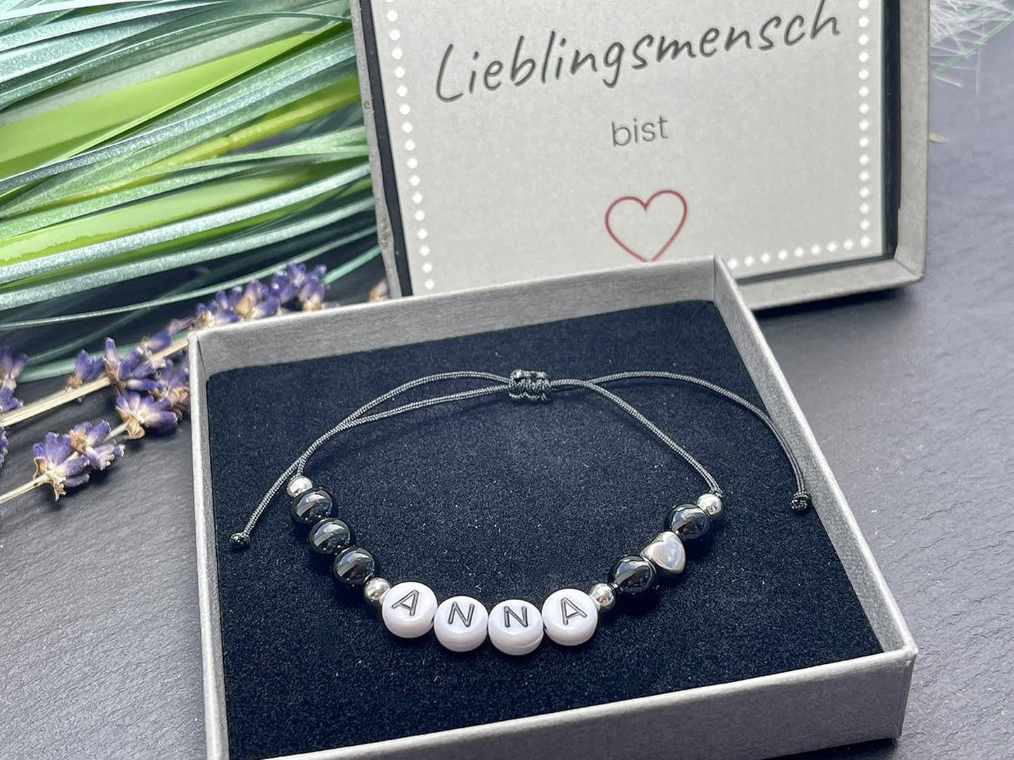 Majas Perlen Armband mit Namen Onyx schwarzer Achat Herz DQ - alle Größen einstellbar XS bis XXL - echte Edelsteine und Edelstahl - Unisex