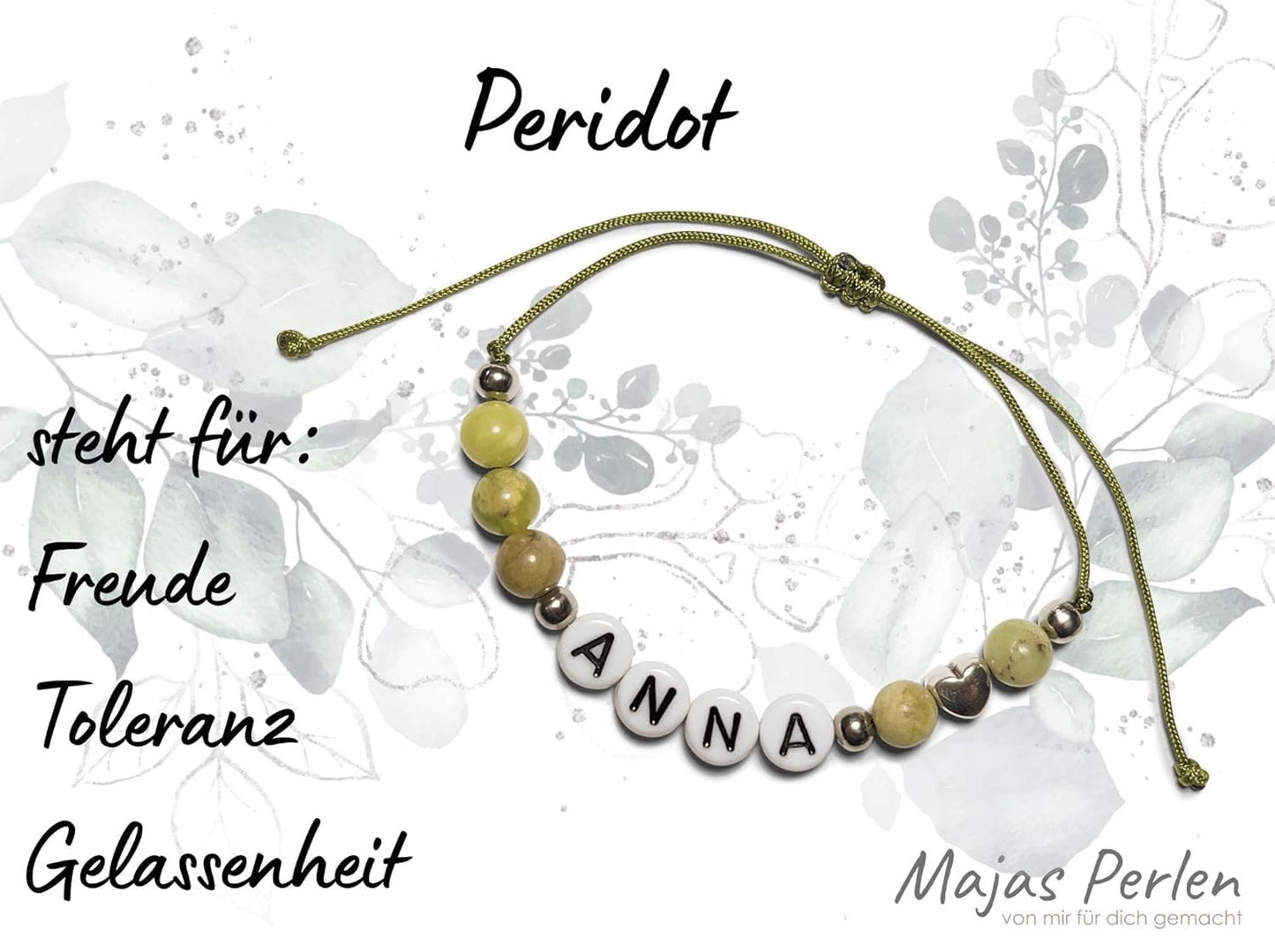 Majas Perlen Armband mit Namen Peridot Herz DQ - alle Größen einstellbar XS bis XXL - echte Edelsteine und Edelstahl - Unisex