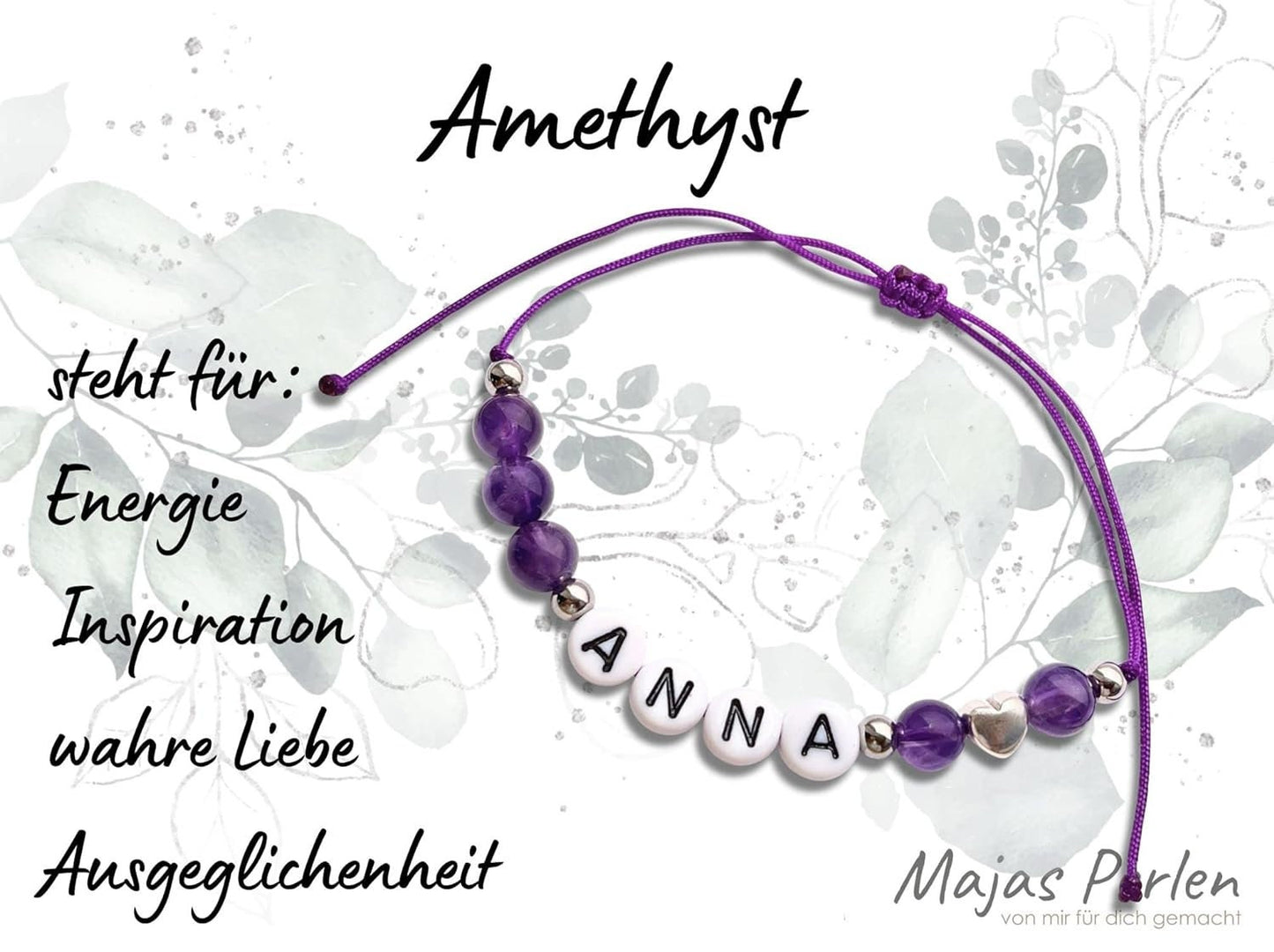 Majas Perlen Armband mit Namen Amethyst Herz DQ - alle Größen einstellbar XS bis XXL - echte Edelsteine und Edelstahl - Unisex