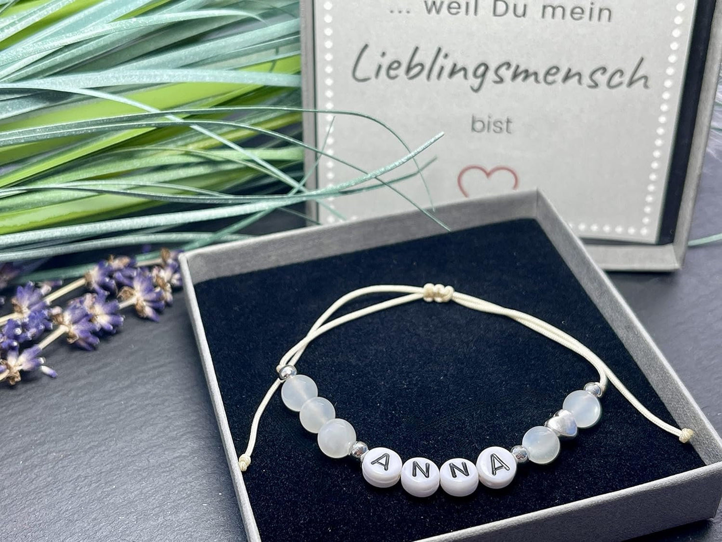 Majas Perlen Armband mit Namen Mondstein Herz DQ - alle Größen einstellbar XS bis XXL - echte Edelsteine und Edelstahl - Unisex