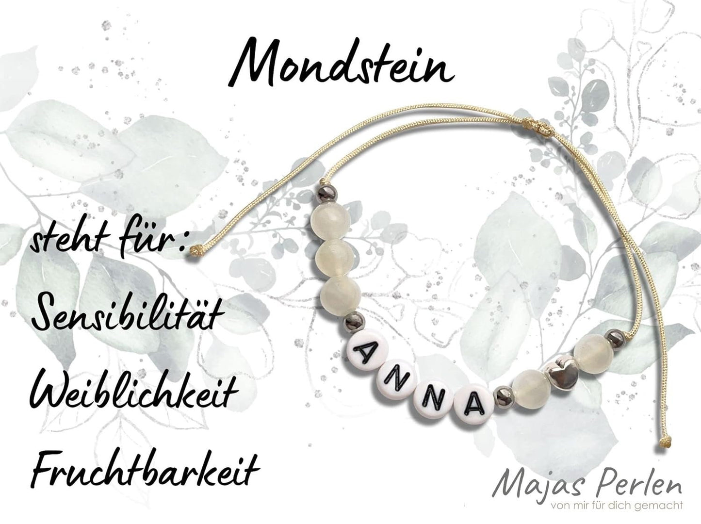 Majas Perlen Armband mit Namen Mondstein Herz DQ - alle Größen einstellbar XS bis XXL - echte Edelsteine und Edelstahl - Unisex