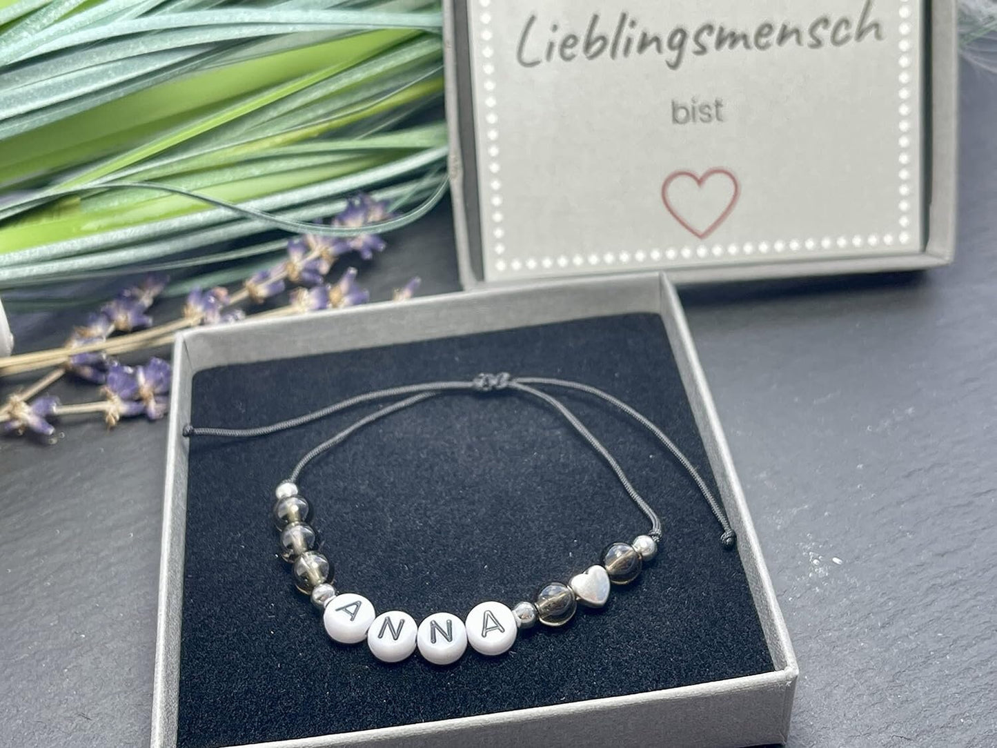 Majas Perlen Armband mit Namen Rauchquarz Herz DQ - alle Größen einstellbar XS bis XXL - echte Edelsteine und Edelstahl - Unisex