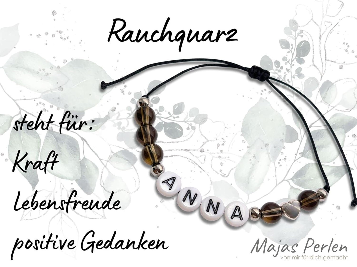 Majas Perlen Armband mit Namen Rauchquarz Herz DQ - alle Größen einstellbar XS bis XXL - echte Edelsteine und Edelstahl - Unisex