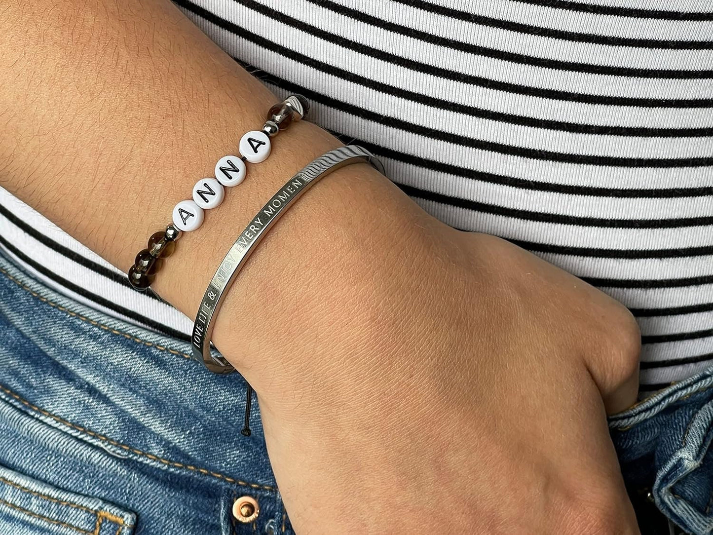 Majas Perlen Armband mit Namen Türkis Herz DQ - alle Größen einstellbar XS bis XXL - echte Edelsteine und Edelstahl - Unisex