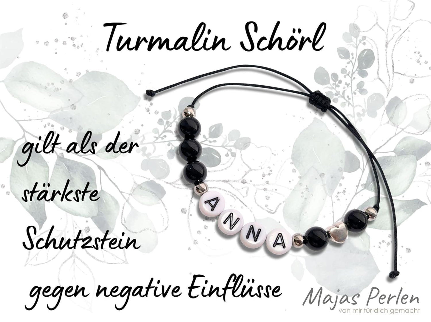 Majas Perlen Armband mit Namen Turmalin Schwarz Herz DQ - alle Größen einstellbar XS bis XXL - echte Edelsteine und Edelstahl - Unisex