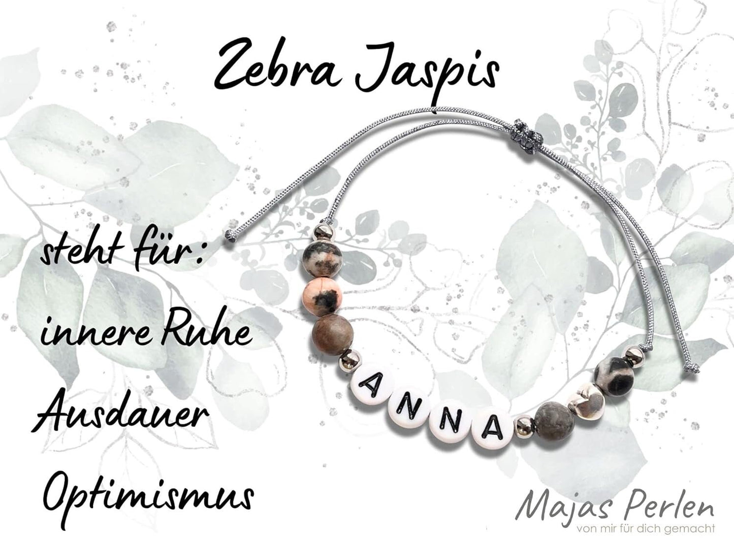 Majas Perlen Armband mit Namen Zebra Jaspis Herz DQ - alle Größen einstellbar XS bis XXL - echte Edelsteine und Edelstahl - Unisex
