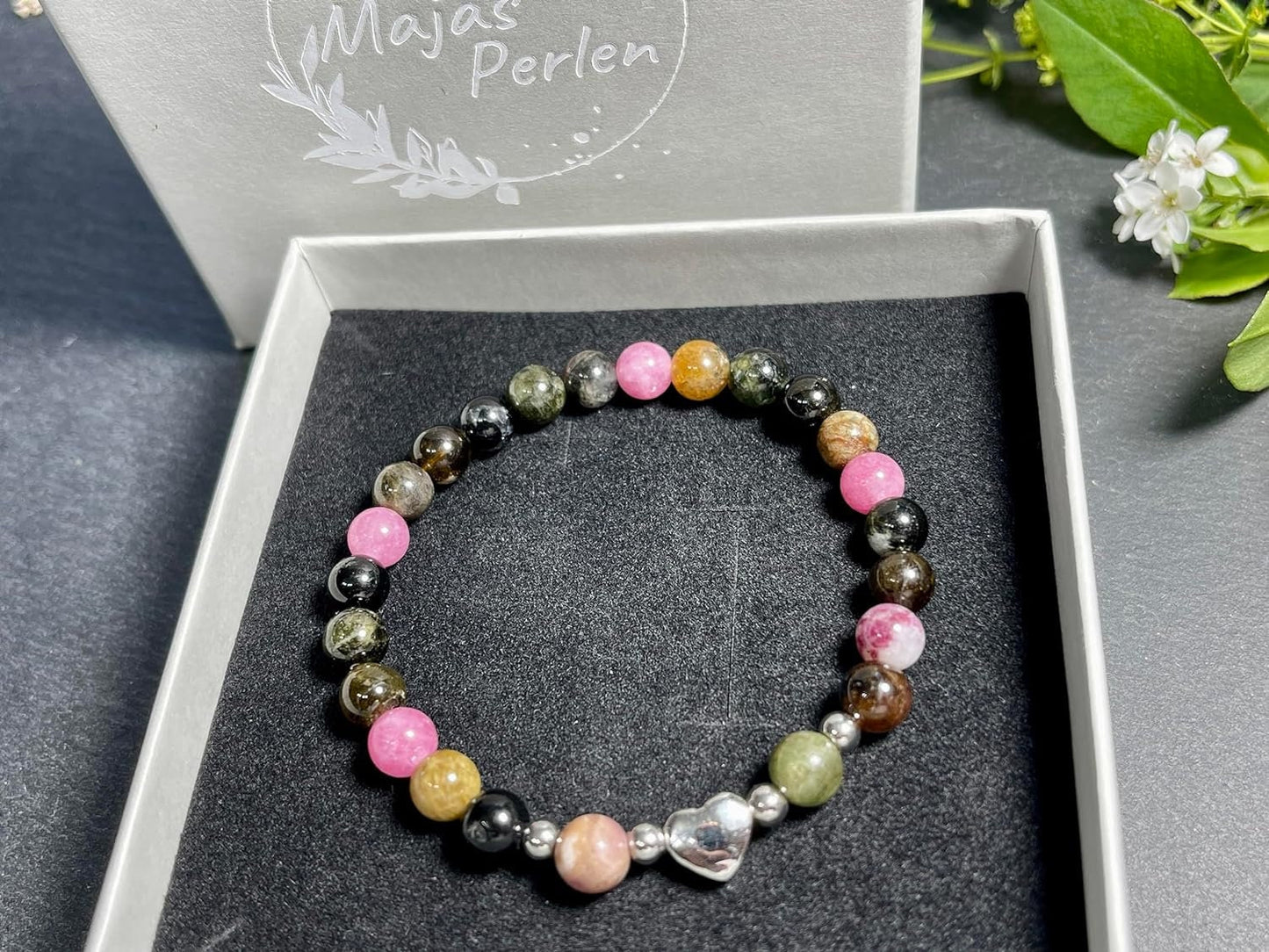 Armband Wassermelonen Turmalin Herz Edelstahl Silber - Perlenarmband Liebe Freude Verständnis - Spiritueller Schmuck Damen Mädchen